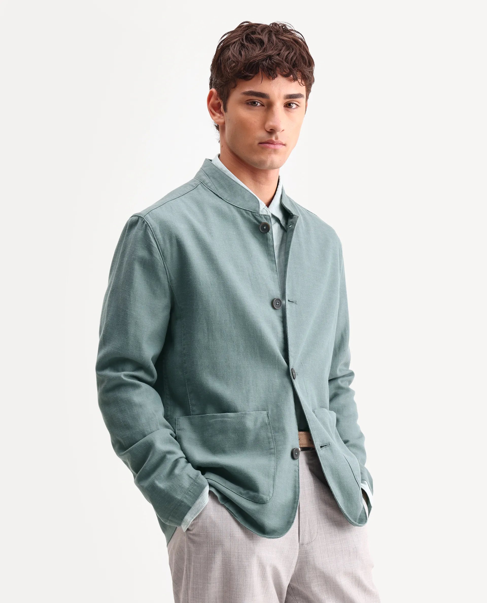 Rare Rabbit Men's Bela Dusky Green Linen Blend Fabric Mandarin Collar Neck Tailored Fit Coat