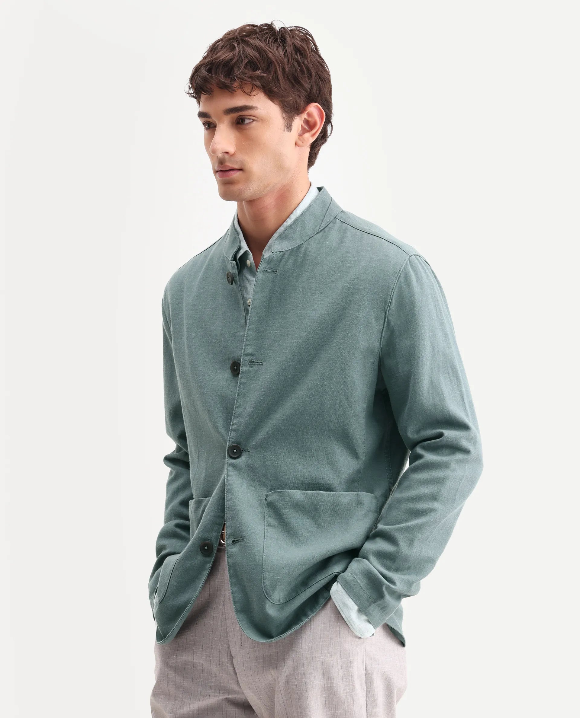 Rare Rabbit Men's Bela Dusky Green Linen Blend Fabric Mandarin Collar Neck Tailored Fit Coat