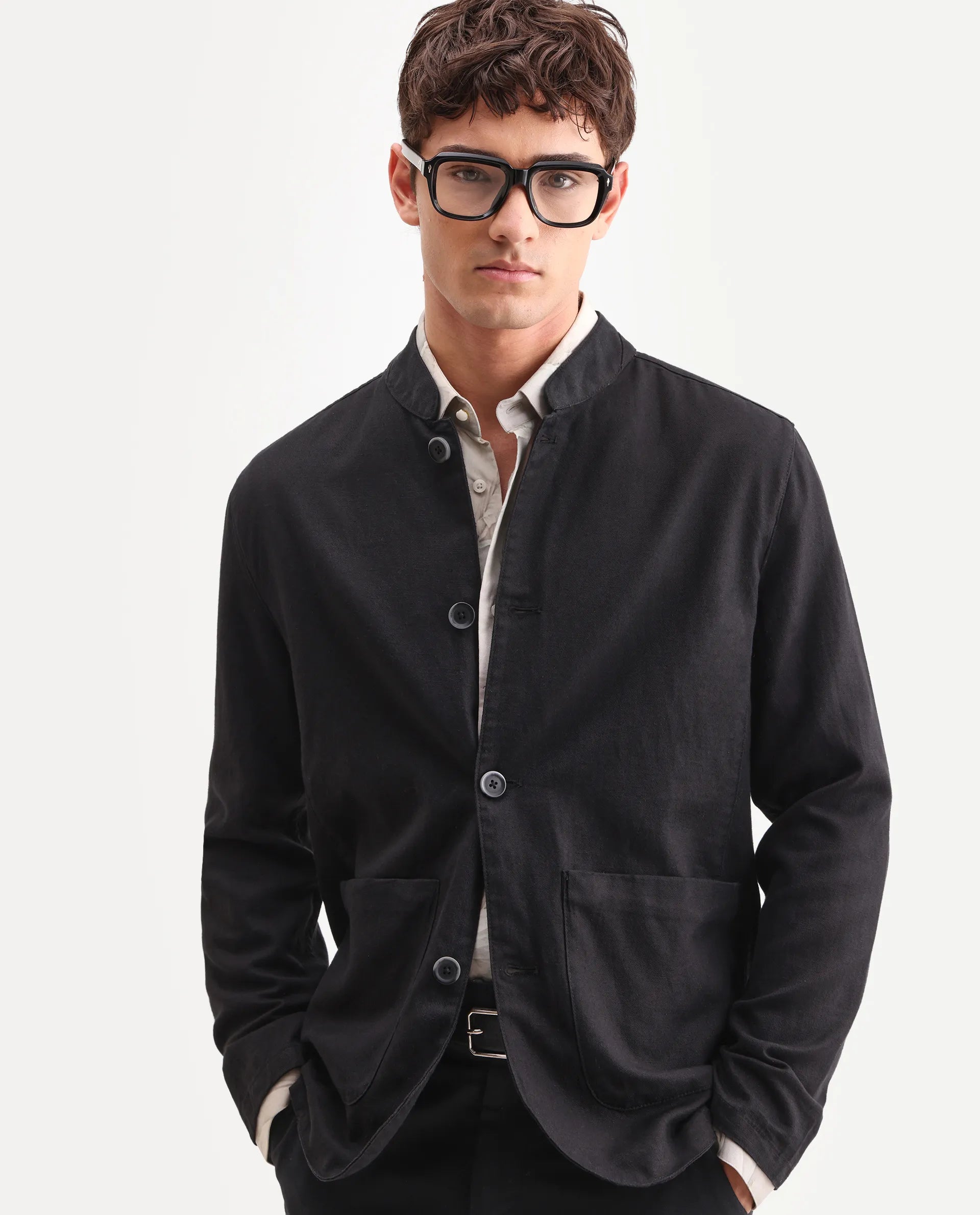 Rare Rabbit Men's Bela Black Linen Blend Fabric Mandarin Collar Neck Tailored Fit Coat