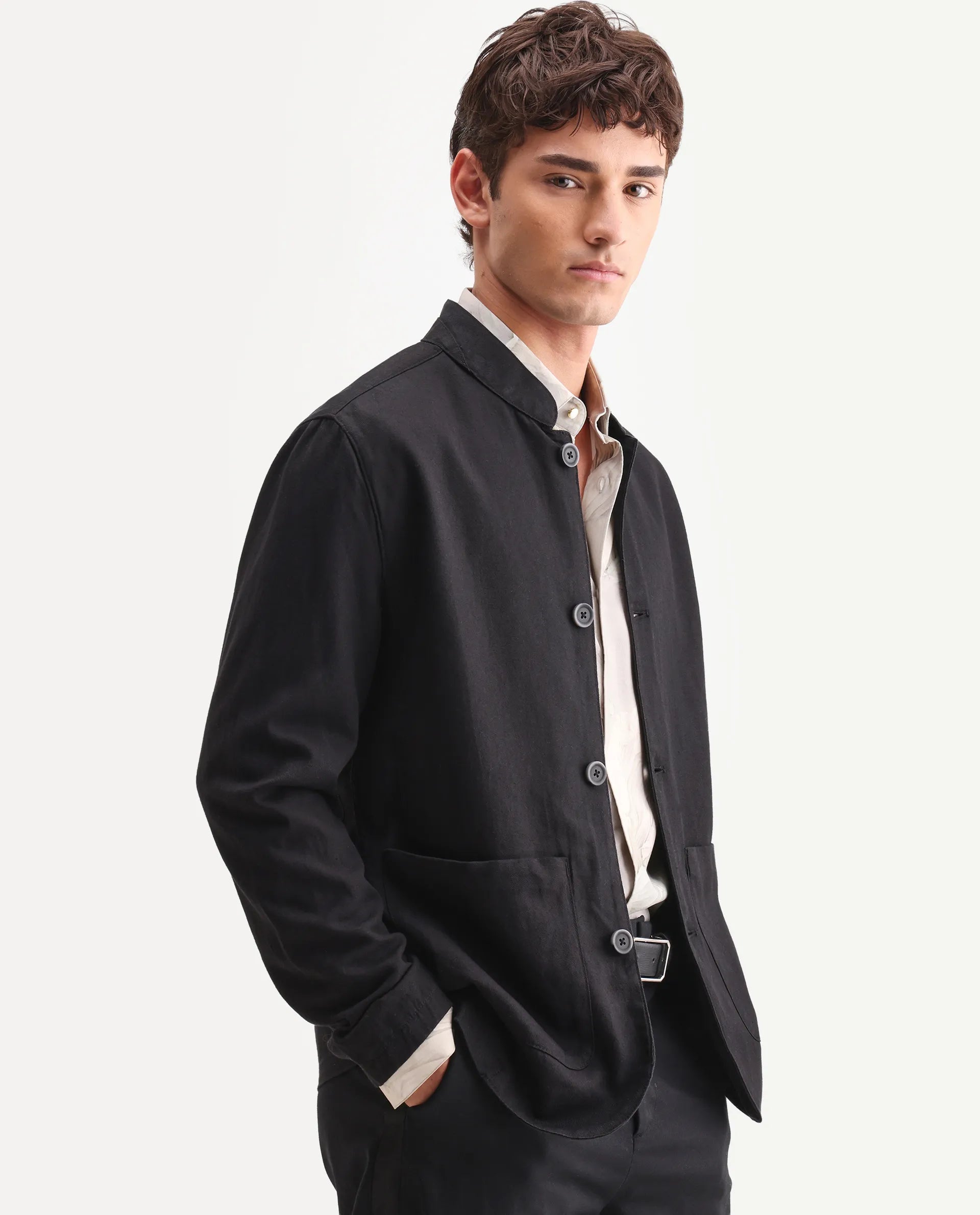 Rare Rabbit Men's Bela Black Linen Blend Fabric Mandarin Collar Neck Tailored Fit Coat