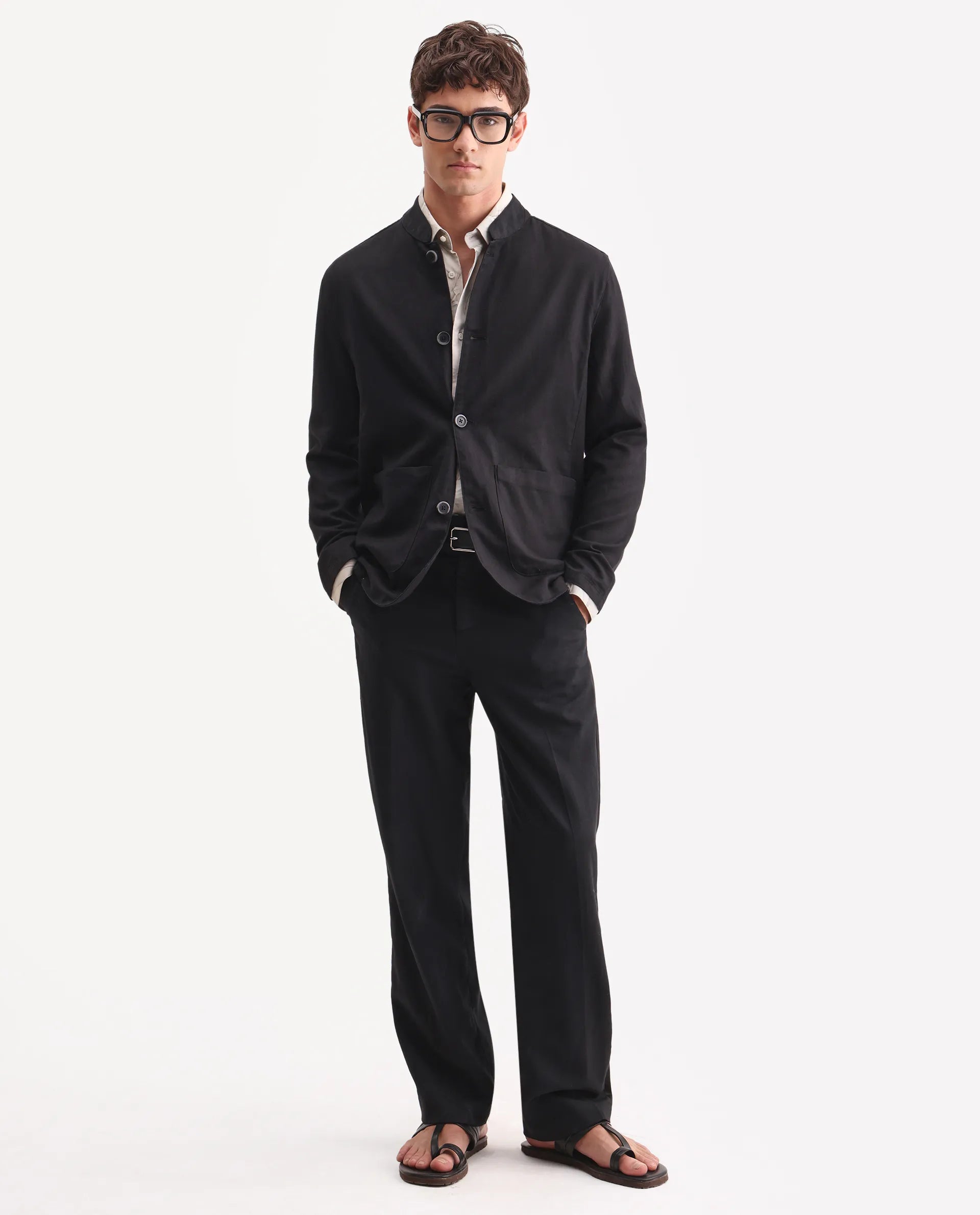 Rare Rabbit Men's Bela Black Linen Blend Fabric Mandarin Collar Neck Tailored Fit Coat