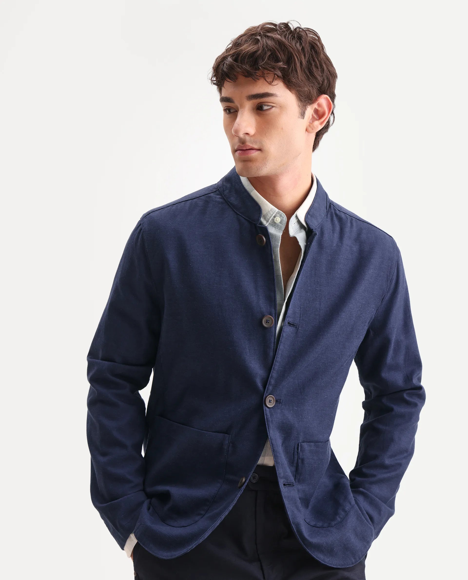 Rare Rabbit Men's Bela Navy Linen Blend Fabric Mandarin Collar Neck Tailored Fit Coat
