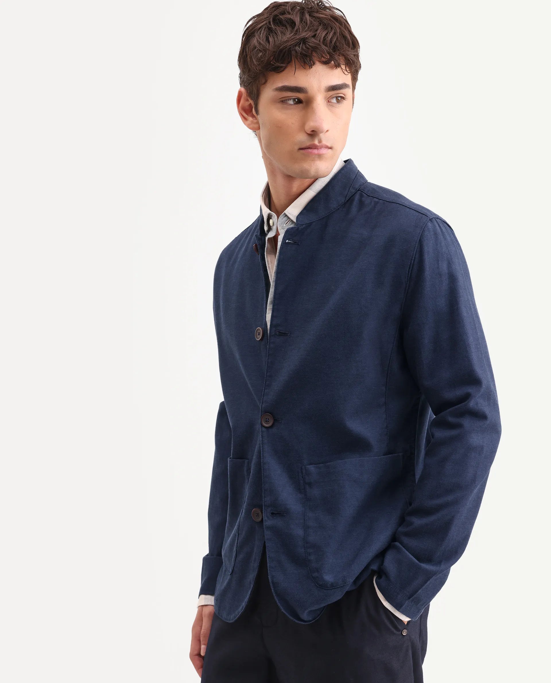 Rare Rabbit Men's Bela Navy Linen Blend Fabric Mandarin Collar Neck Tailored Fit Coat