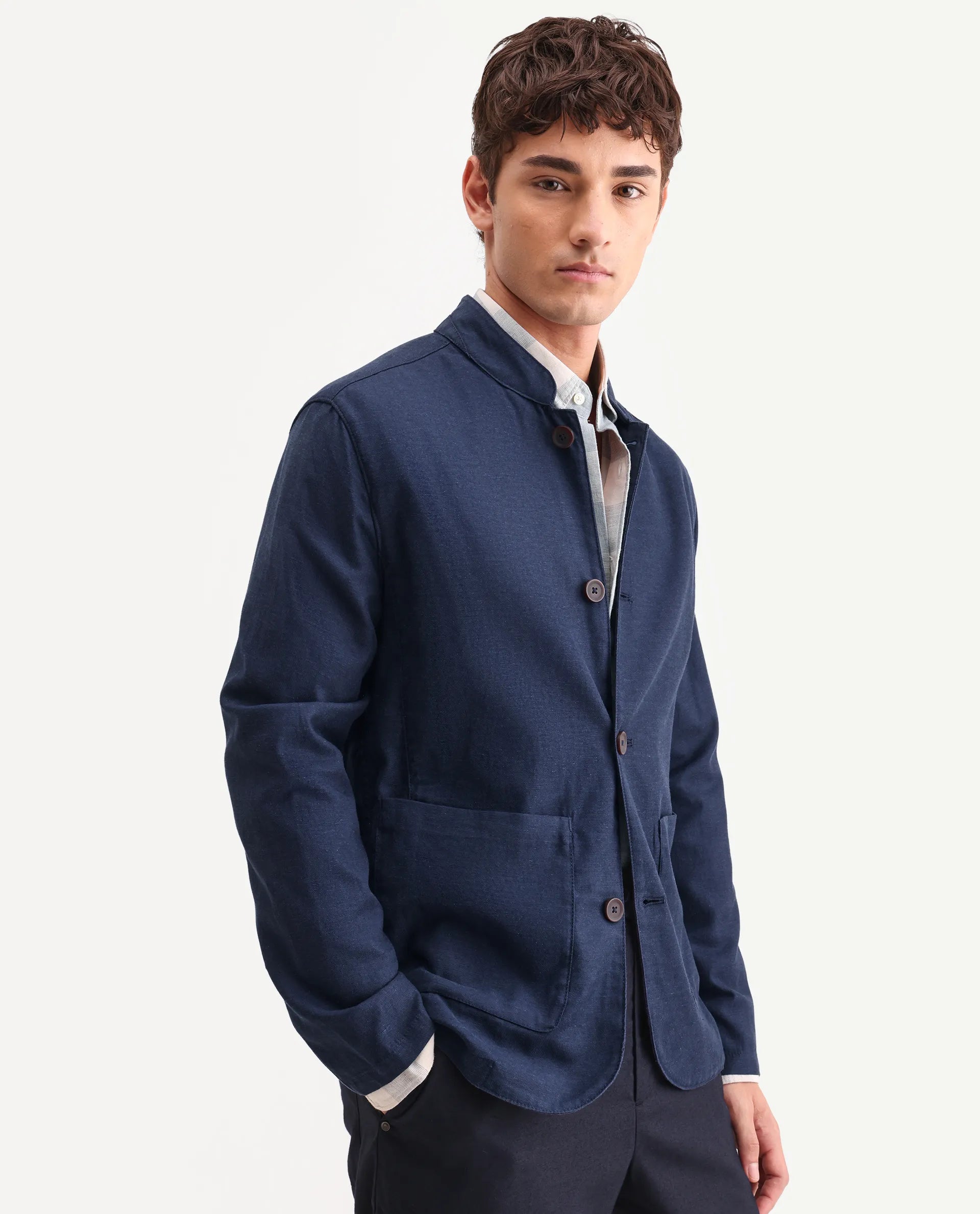 Rare Rabbit Men's Bela Navy Linen Blend Fabric Mandarin Collar Neck Tailored Fit Coat