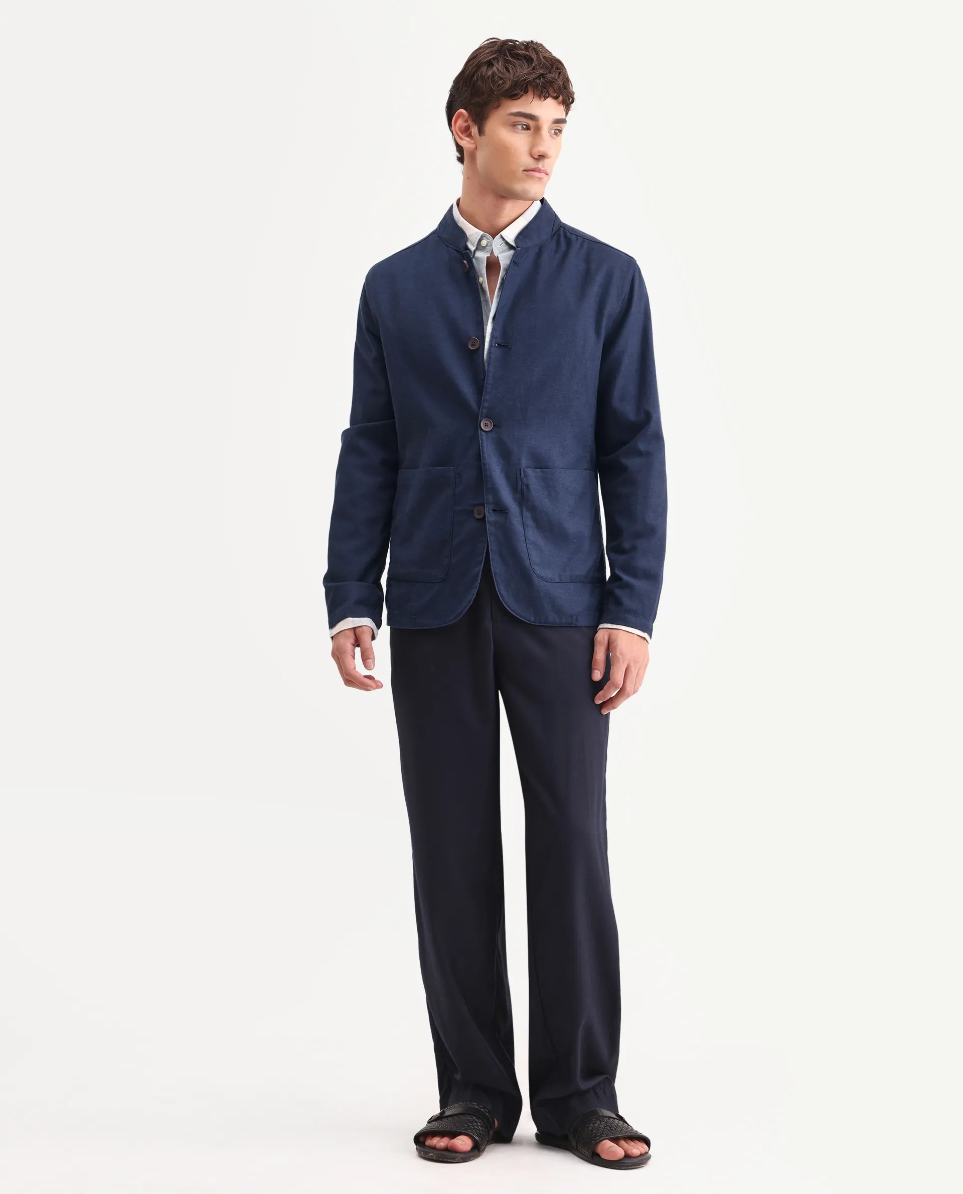 Rare Rabbit Men's Bela Navy Linen Blend Fabric Mandarin Collar Neck Tailored Fit Coat