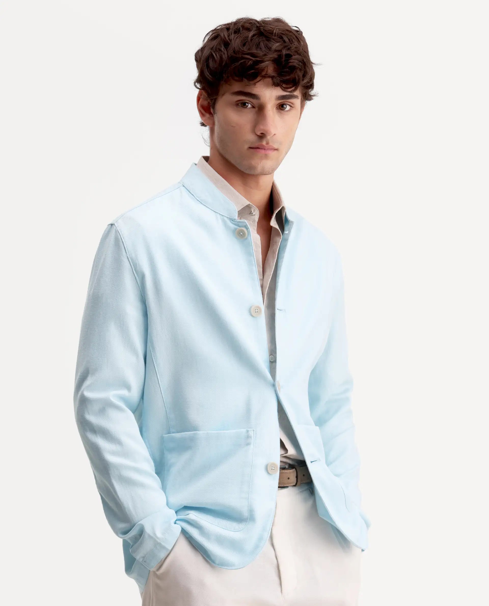 Rare Rabbit Men's Bela Aqua Linen Blend Fabric Mandarin Collar Neck Tailored Fit Coat