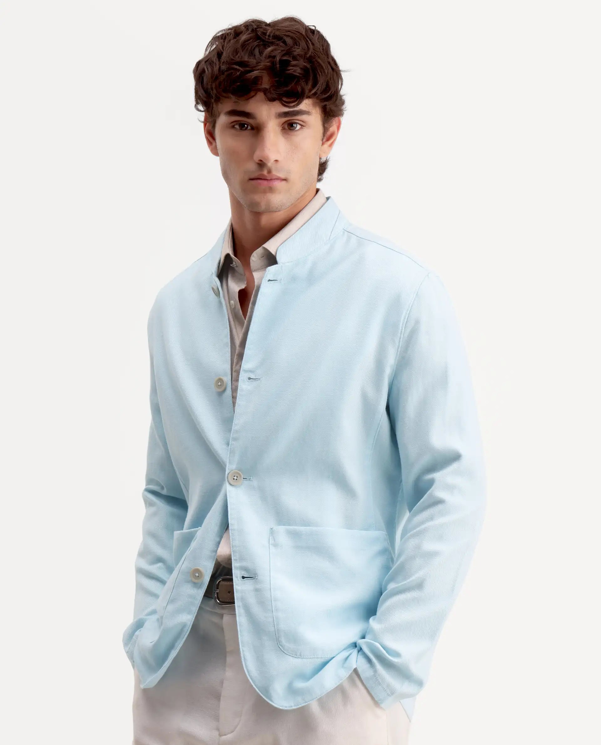 Rare Rabbit Men's Bela Aqua Linen Blend Fabric Mandarin Collar Neck Tailored Fit Coat