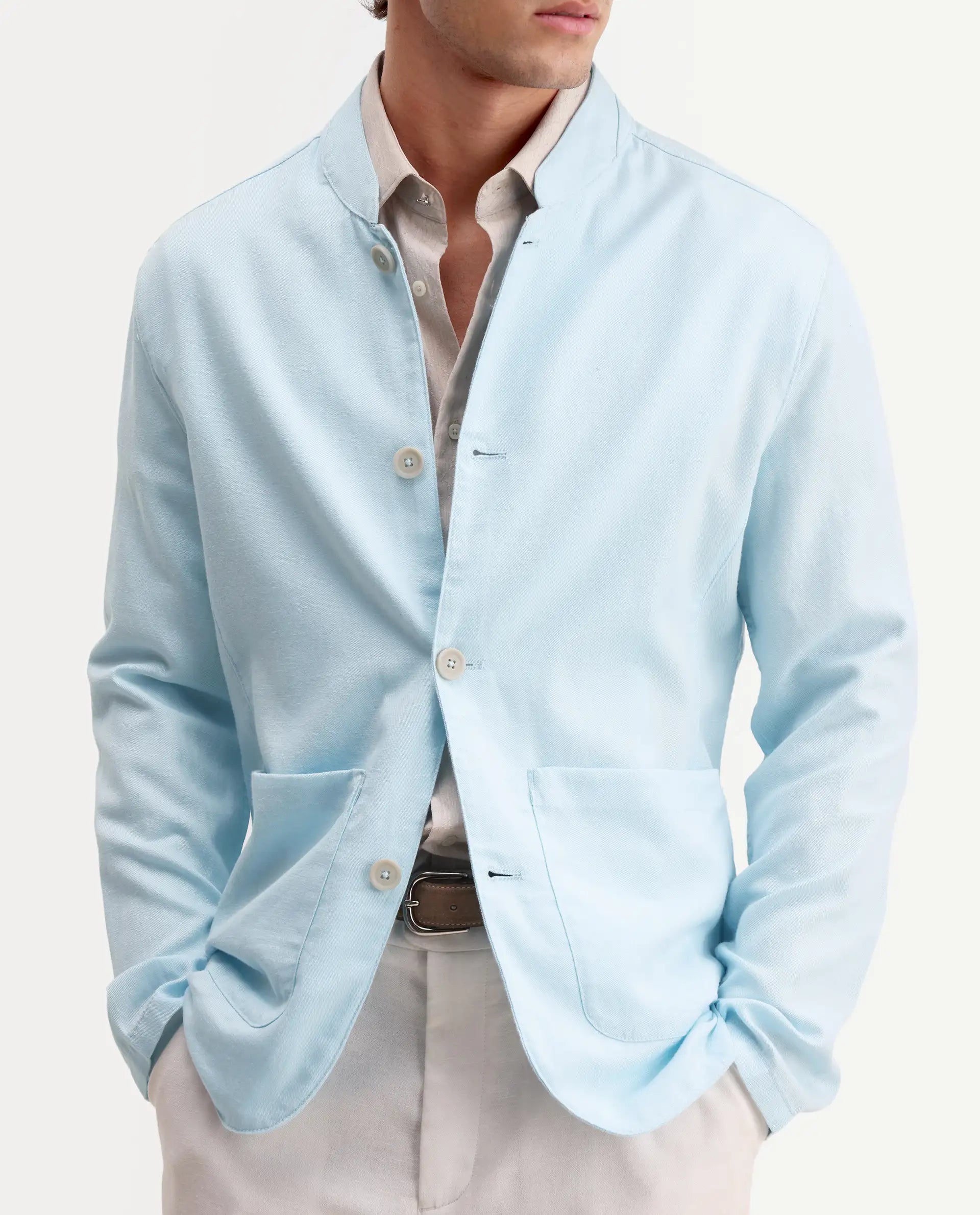 Rare Rabbit Men's Bela Aqua Linen Blend Fabric Mandarin Collar Neck Tailored Fit Coat