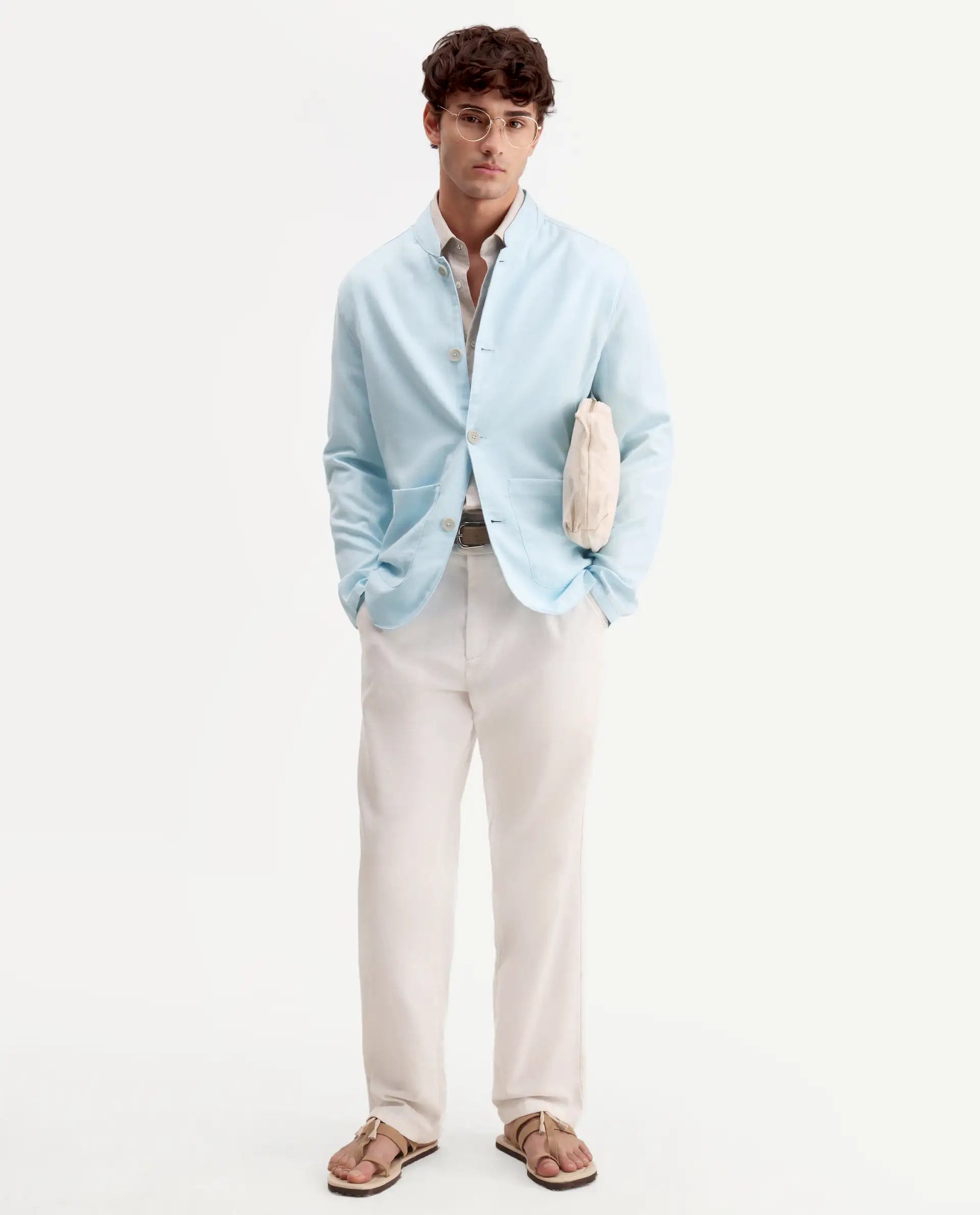 Rare Rabbit Men's Bela Aqua Linen Blend Fabric Mandarin Collar Neck Tailored Fit Coat