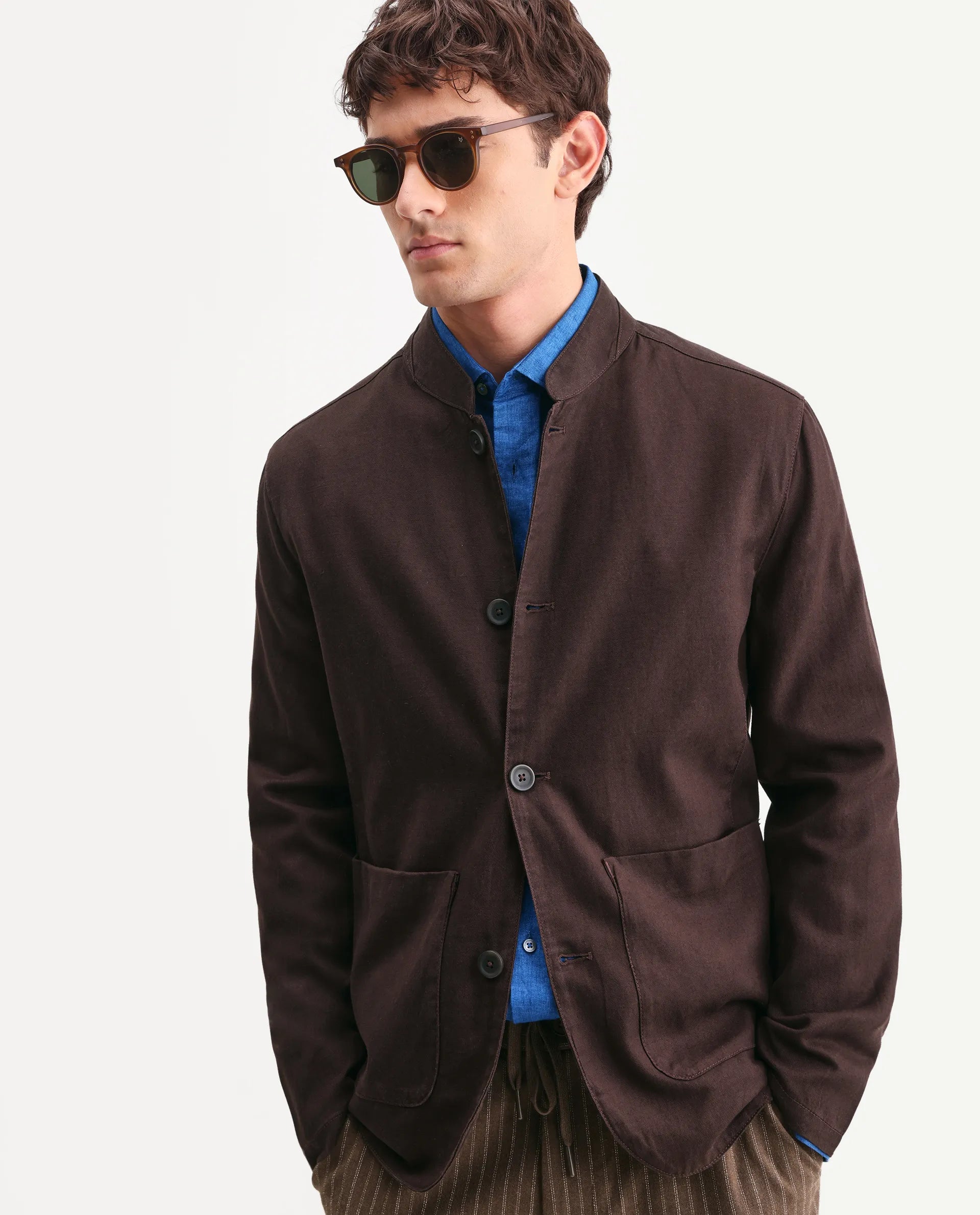 Rare Rabbit Men's Bela Dark Brown Linen Blend Fabric Mandarin Collar Neck Tailored Fit Coat