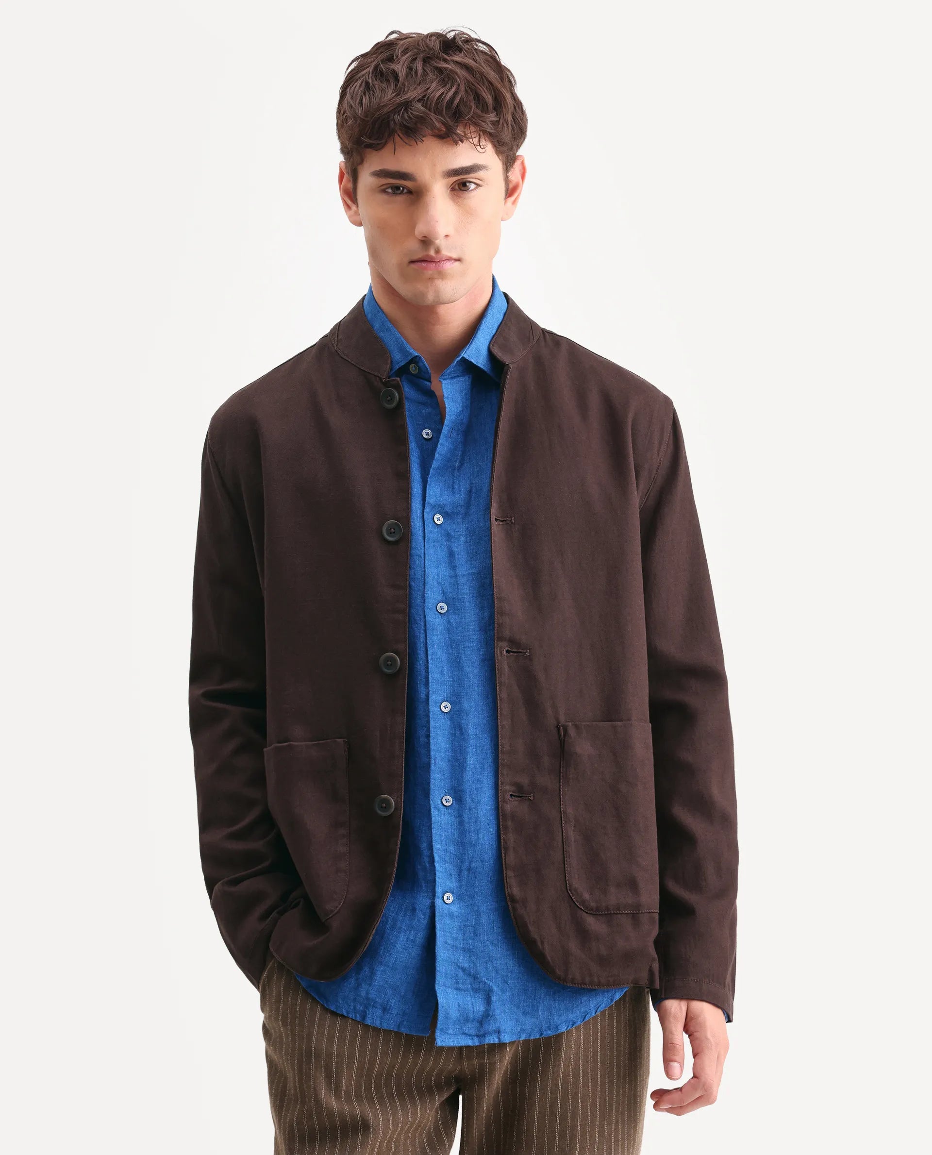 Rare Rabbit Men's Bela Dark Brown Linen Blend Fabric Mandarin Collar Neck Tailored Fit Coat