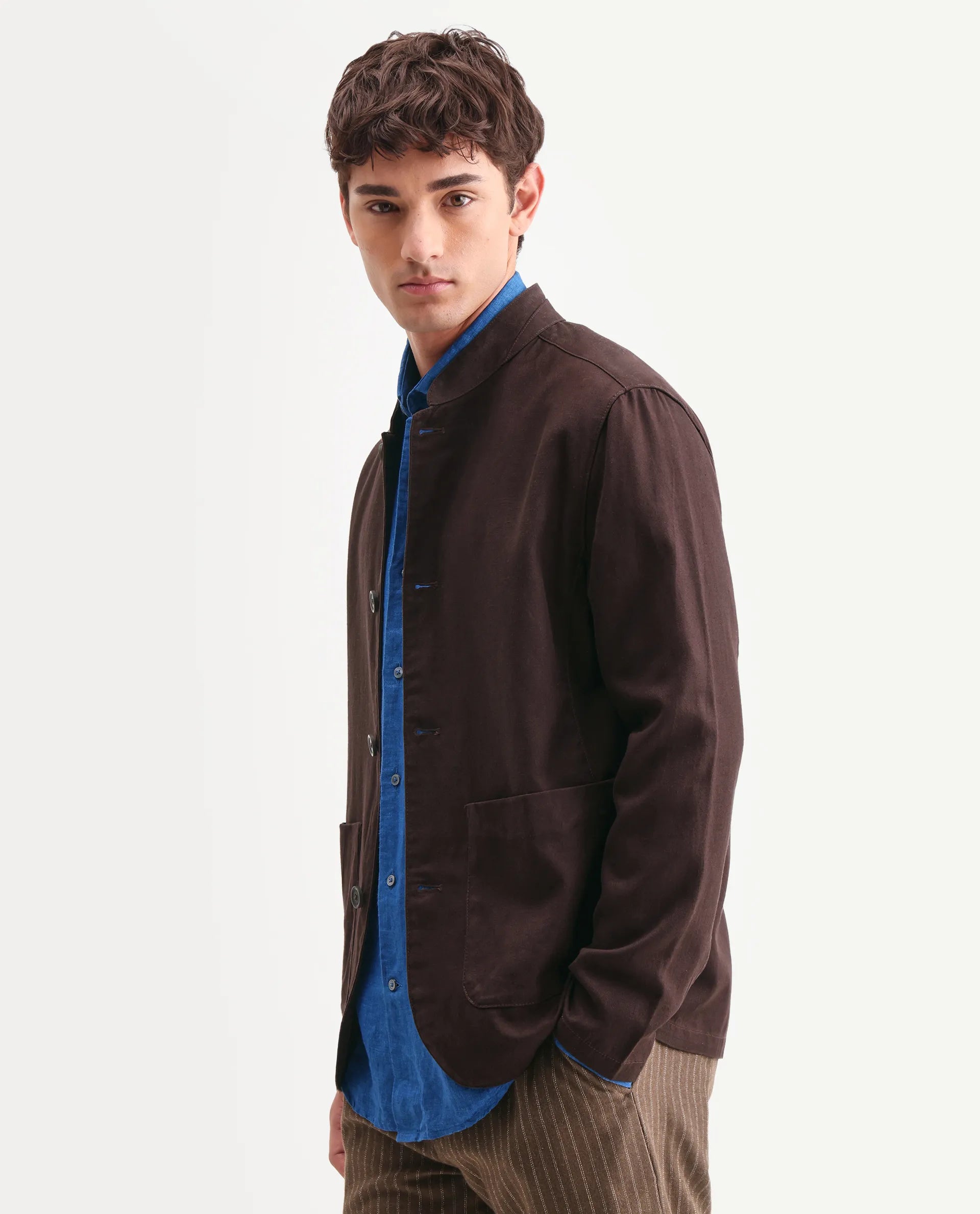 Rare Rabbit Men's Bela Dark Brown Linen Blend Fabric Mandarin Collar Neck Tailored Fit Coat