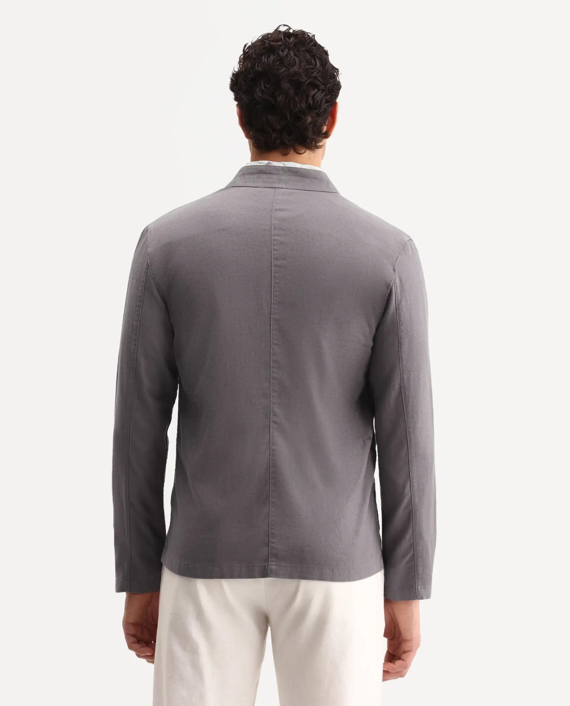 Rare Rabbit Men's Bela Dark Grey Linen Blend Fabric Mandarin Collar Neck Tailored Fit Coat