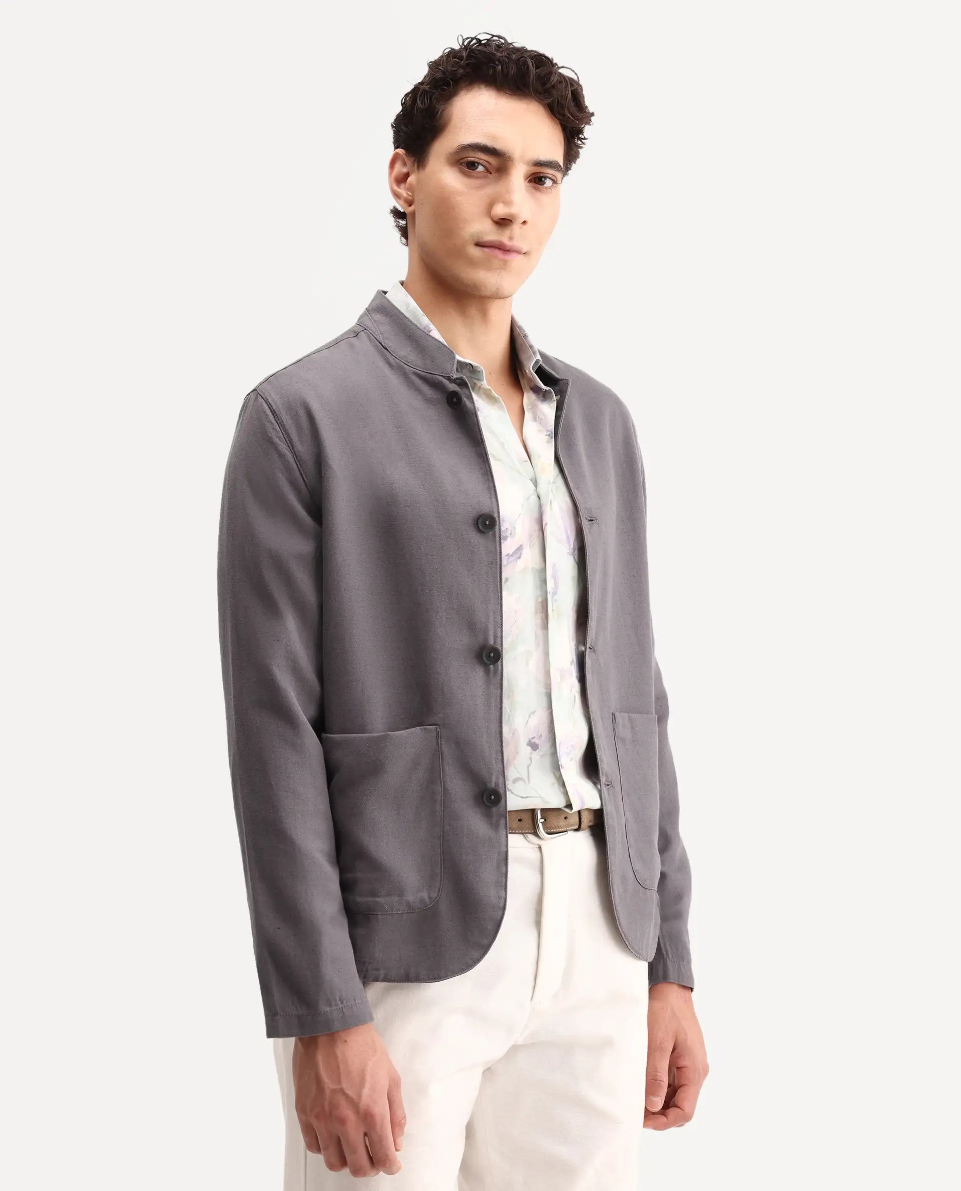 Rare Rabbit Men's Bela Dark Grey Linen Blend Fabric Mandarin Collar Neck Tailored Fit Coat