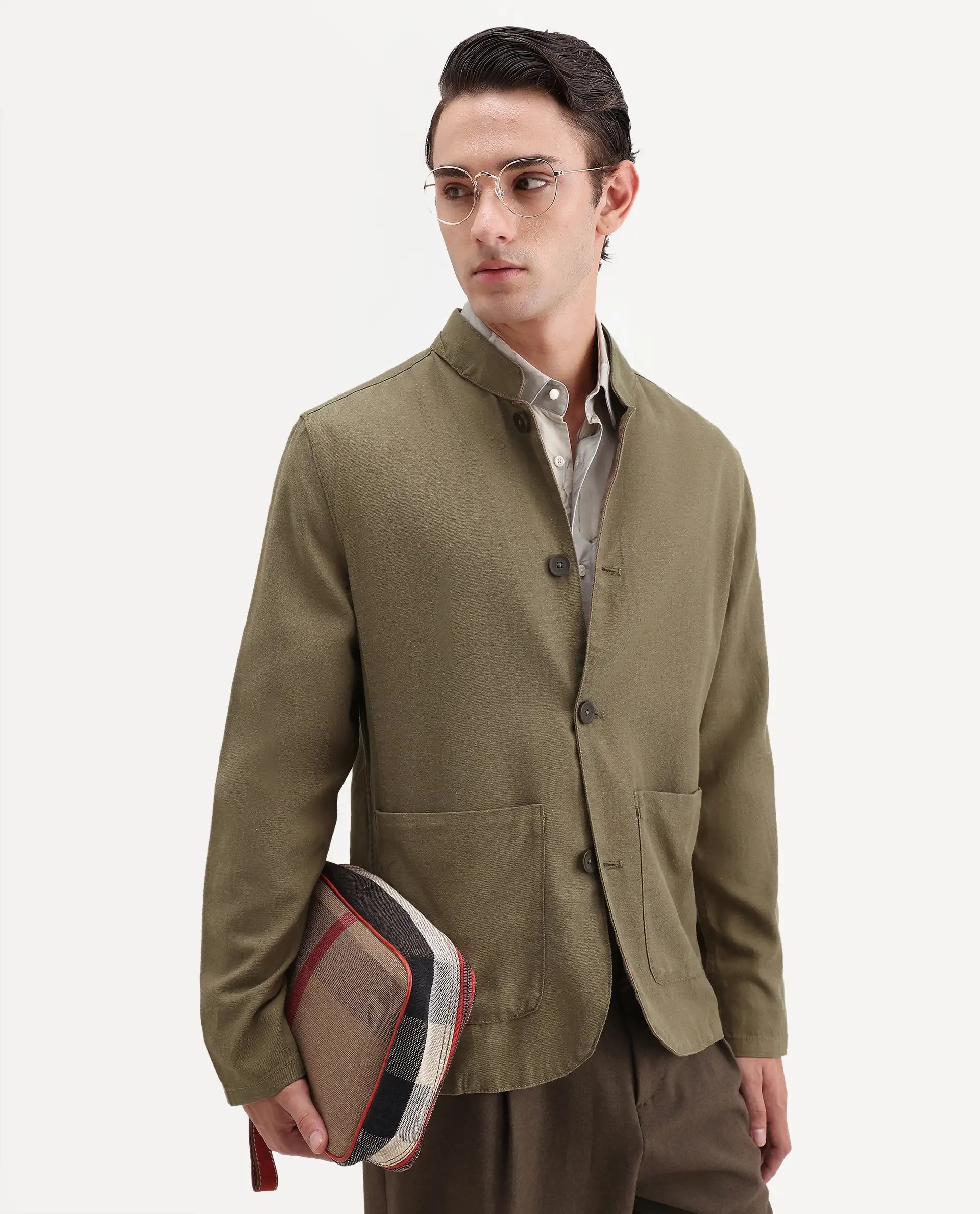 Rare Rabbit Men's Bela Khaki Linen Blend Fabric Mandarin Collar Neck Tailored Fit Coat