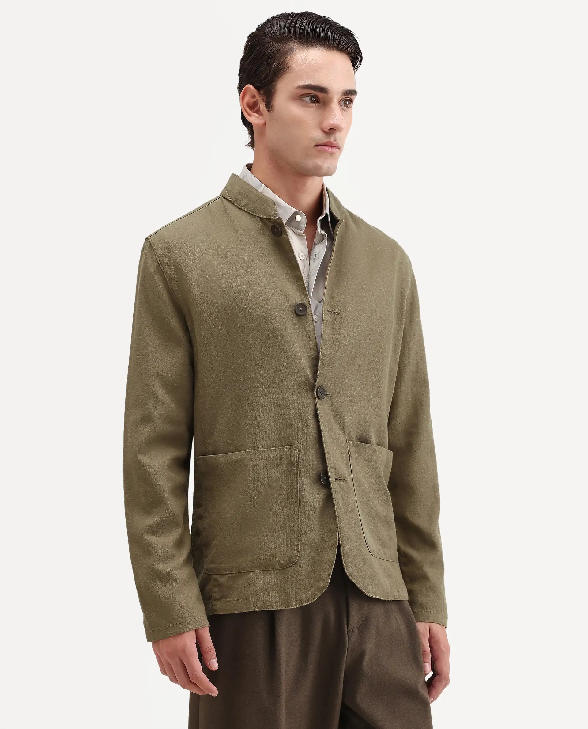 Rare Rabbit Men's Bela Khaki Linen Blend Fabric Mandarin Collar Neck Tailored Fit Coat