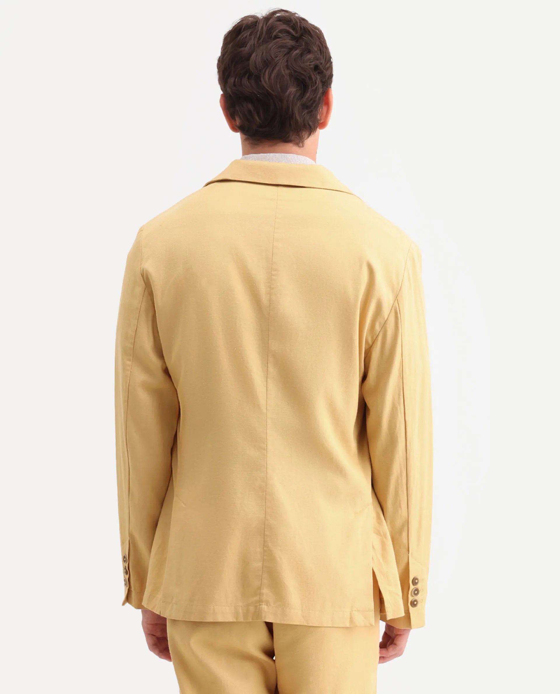 Rare Rabbit Men's Linol Yellow Linen Blend Fabric Lapel Neck Tailored Fit Plain Blazer