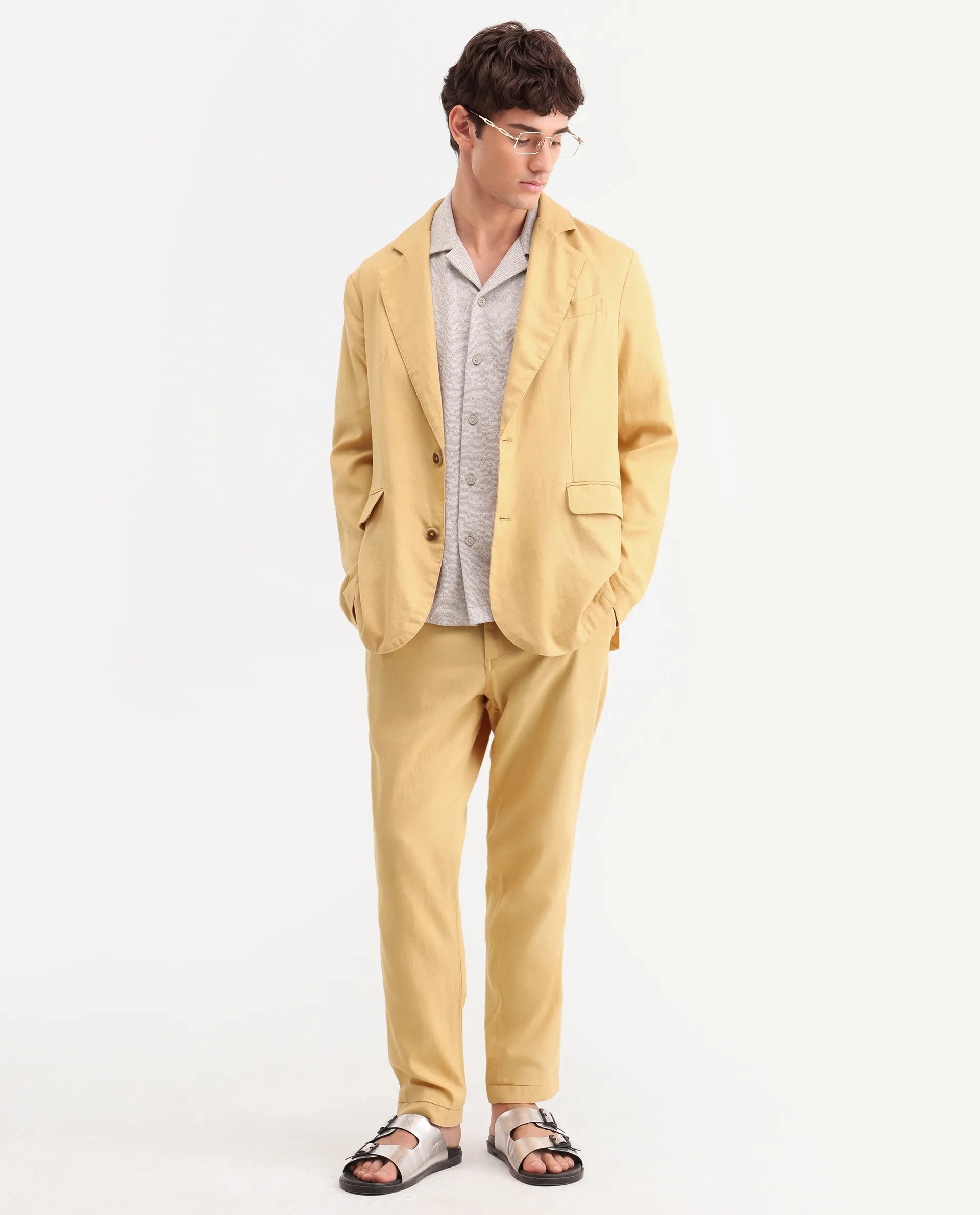 Rare Rabbit Men's Linol Yellow Linen Blend Fabric Lapel Neck Tailored Fit Plain Blazer