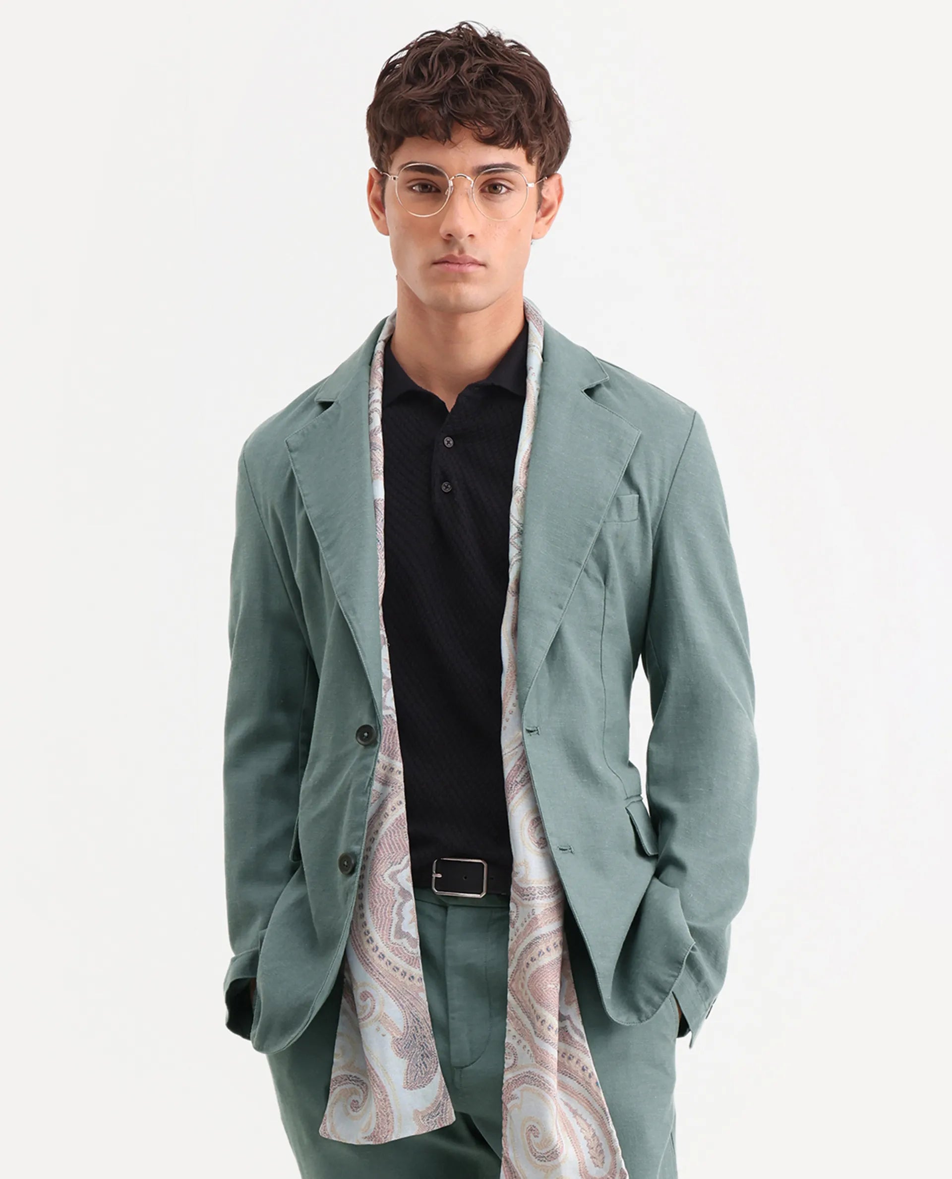 Rare Rabbit Men's Linol Dusky Green Linen Blend Fabric Lapel Neck Tailored Fit Plain Blazer