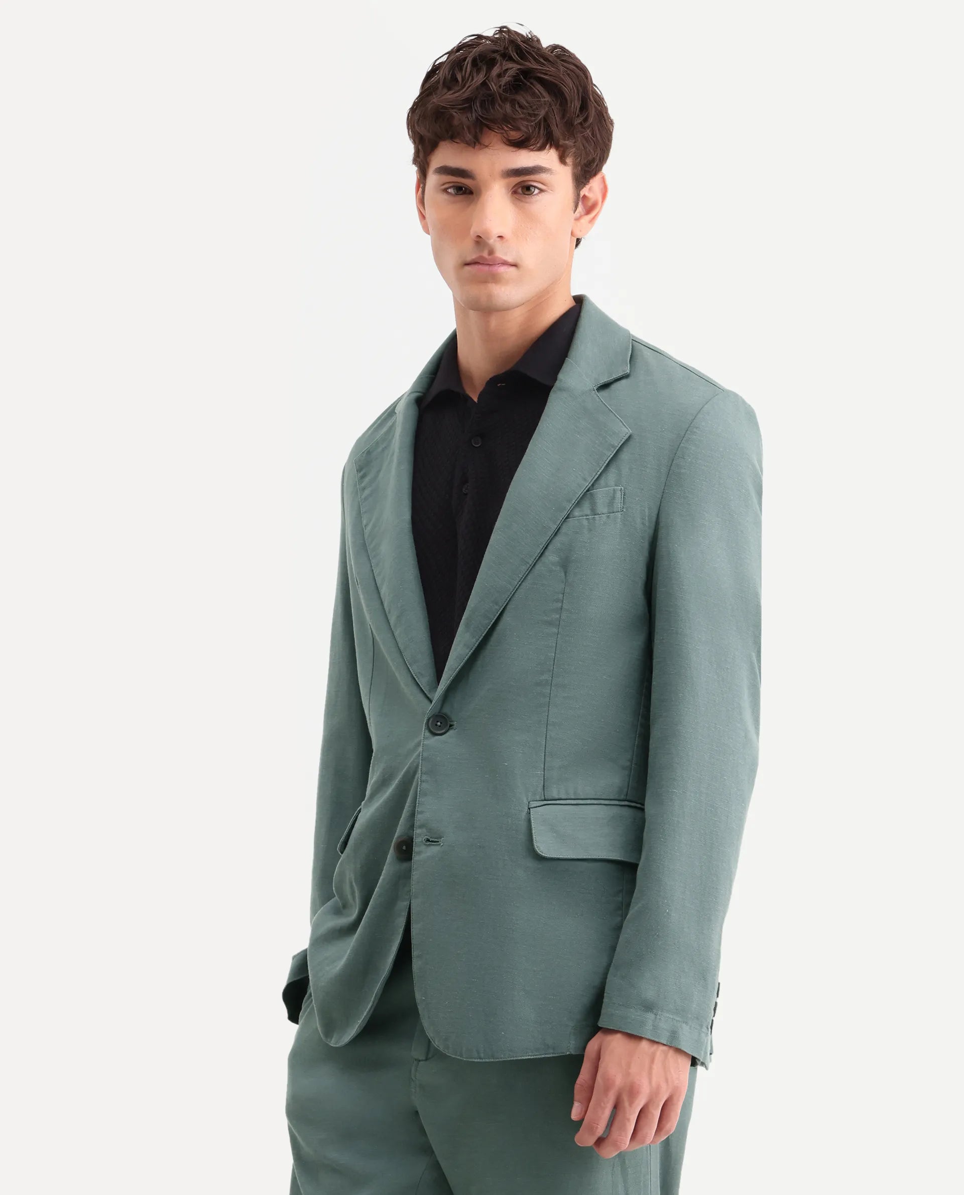 Rare Rabbit Men's Linol Dusky Green Linen Blend Fabric Lapel Neck Tailored Fit Plain Blazer