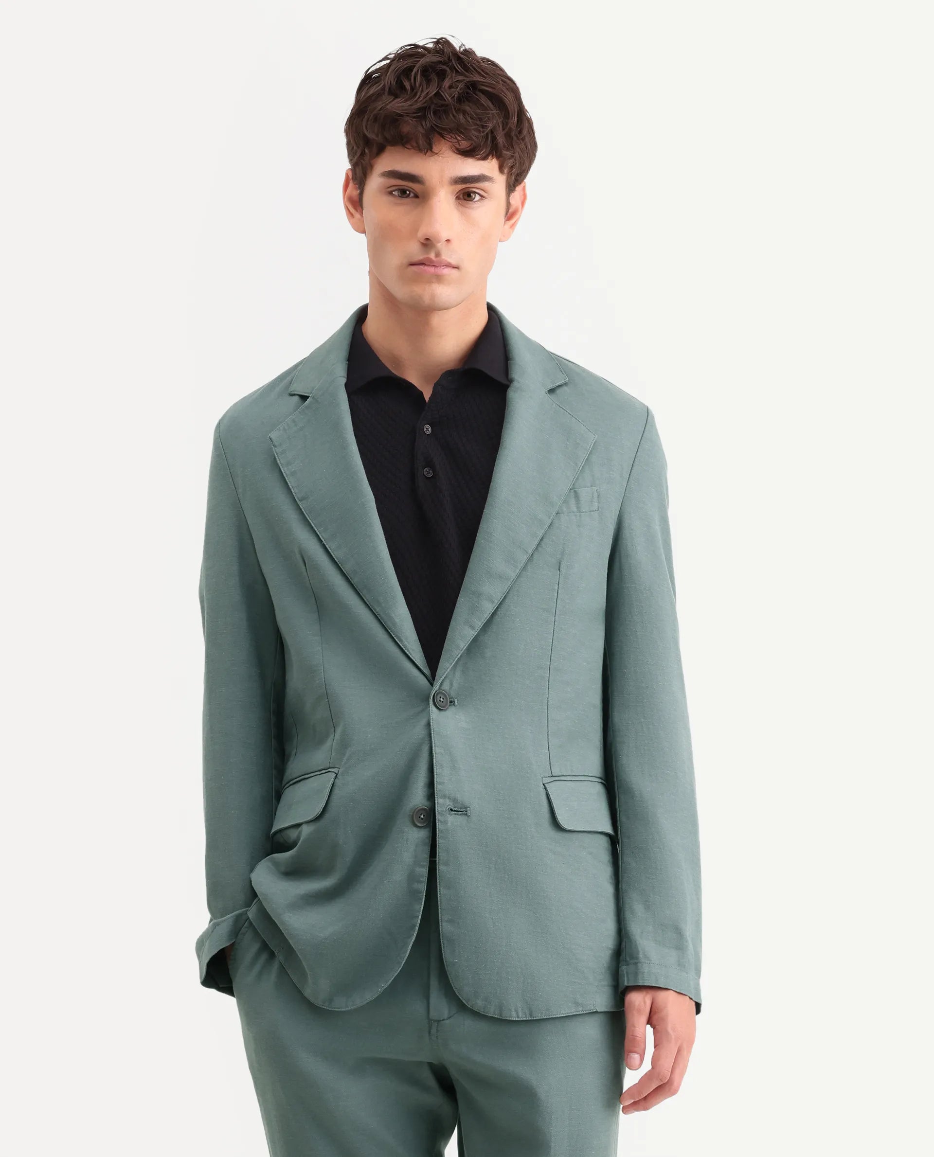 Rare Rabbit Men's Linol Dusky Green Linen Blend Fabric Lapel Neck Tailored Fit Plain Blazer