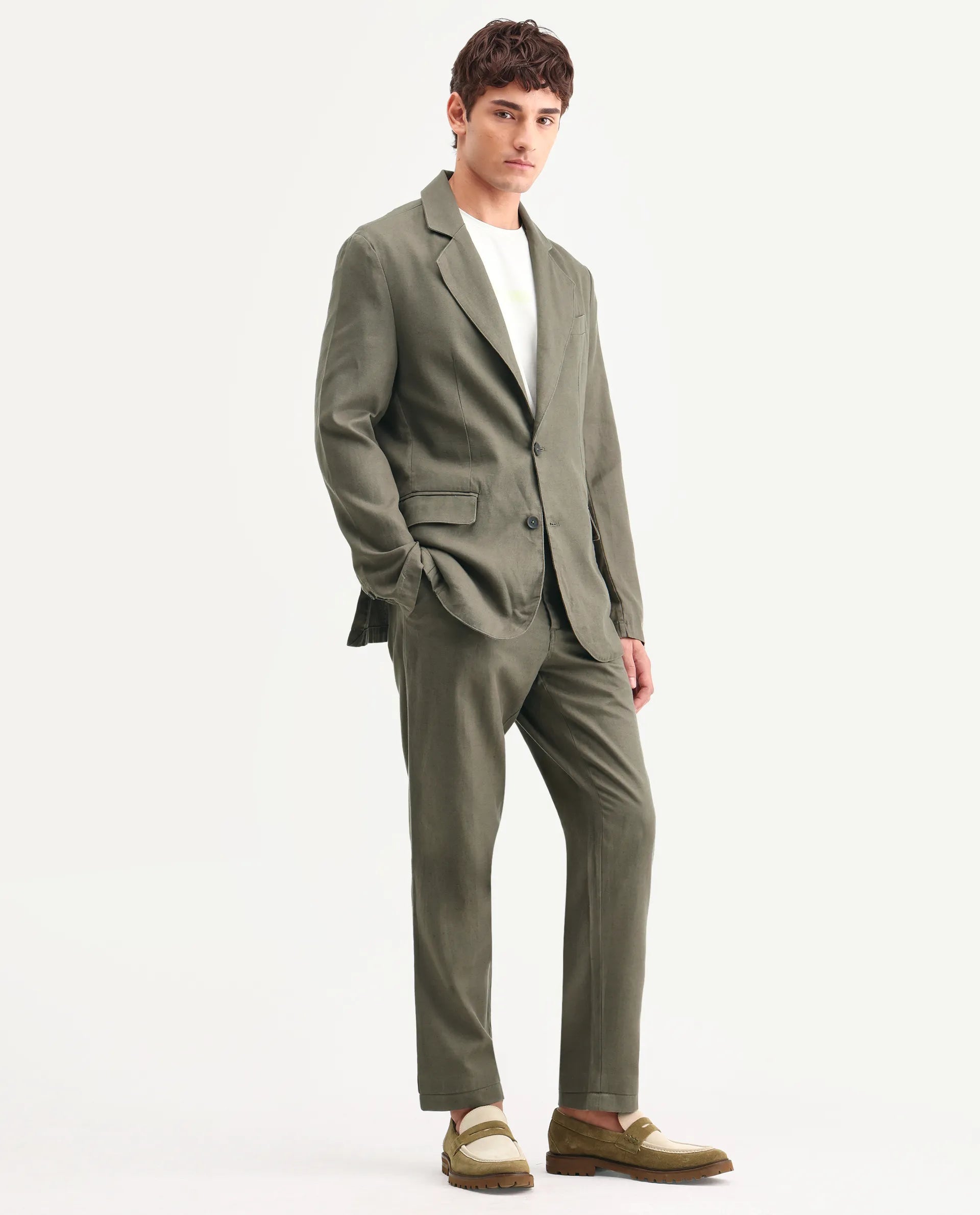 Rare Rabbit Men's Linol Dusky Olive Linen Blend Fabric Lapel Neck Tailored Fit Plain Blazer