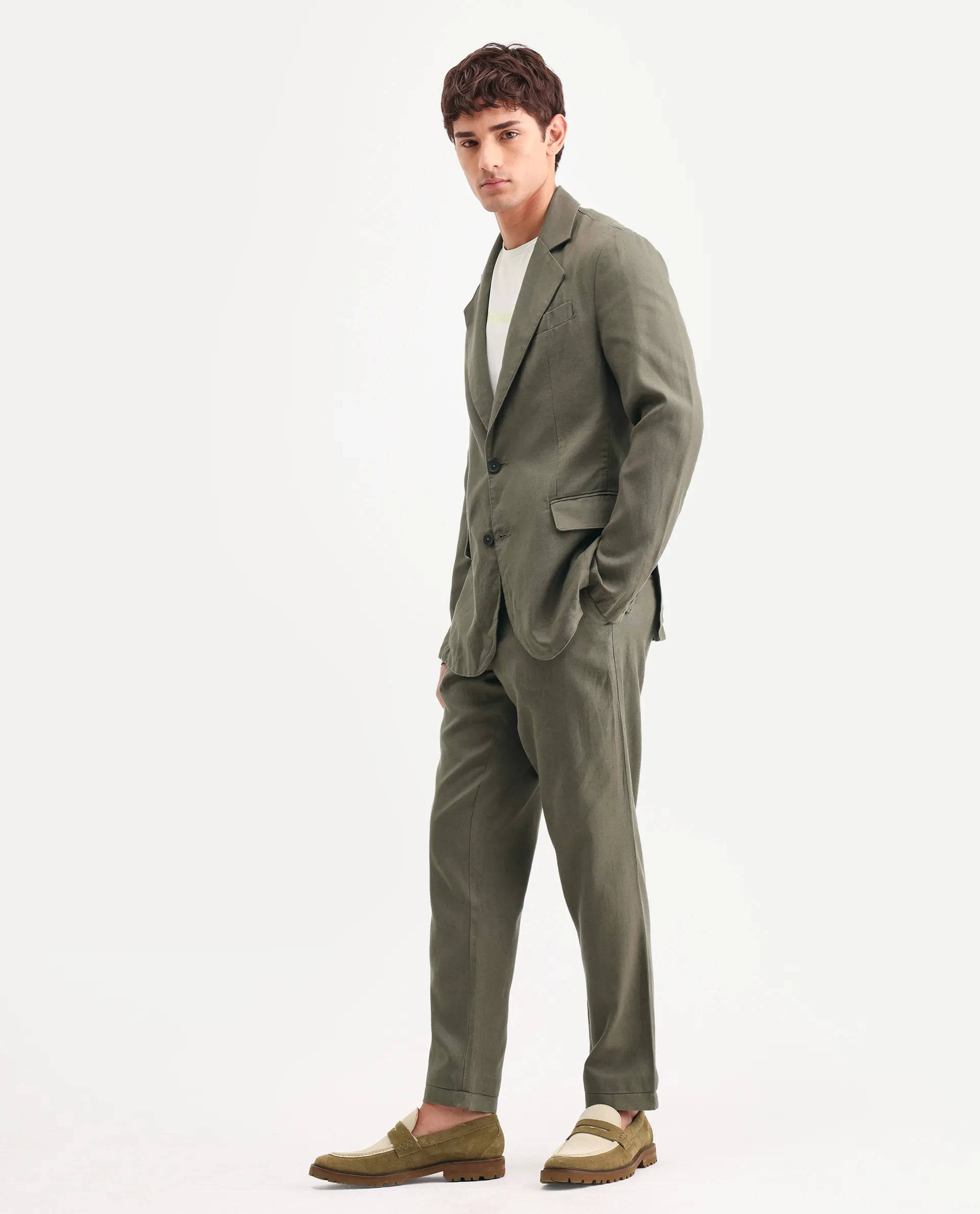 Rare Rabbit Men's Linol Dusky Olive Linen Blend Fabric Lapel Neck Tailored Fit Plain Blazer