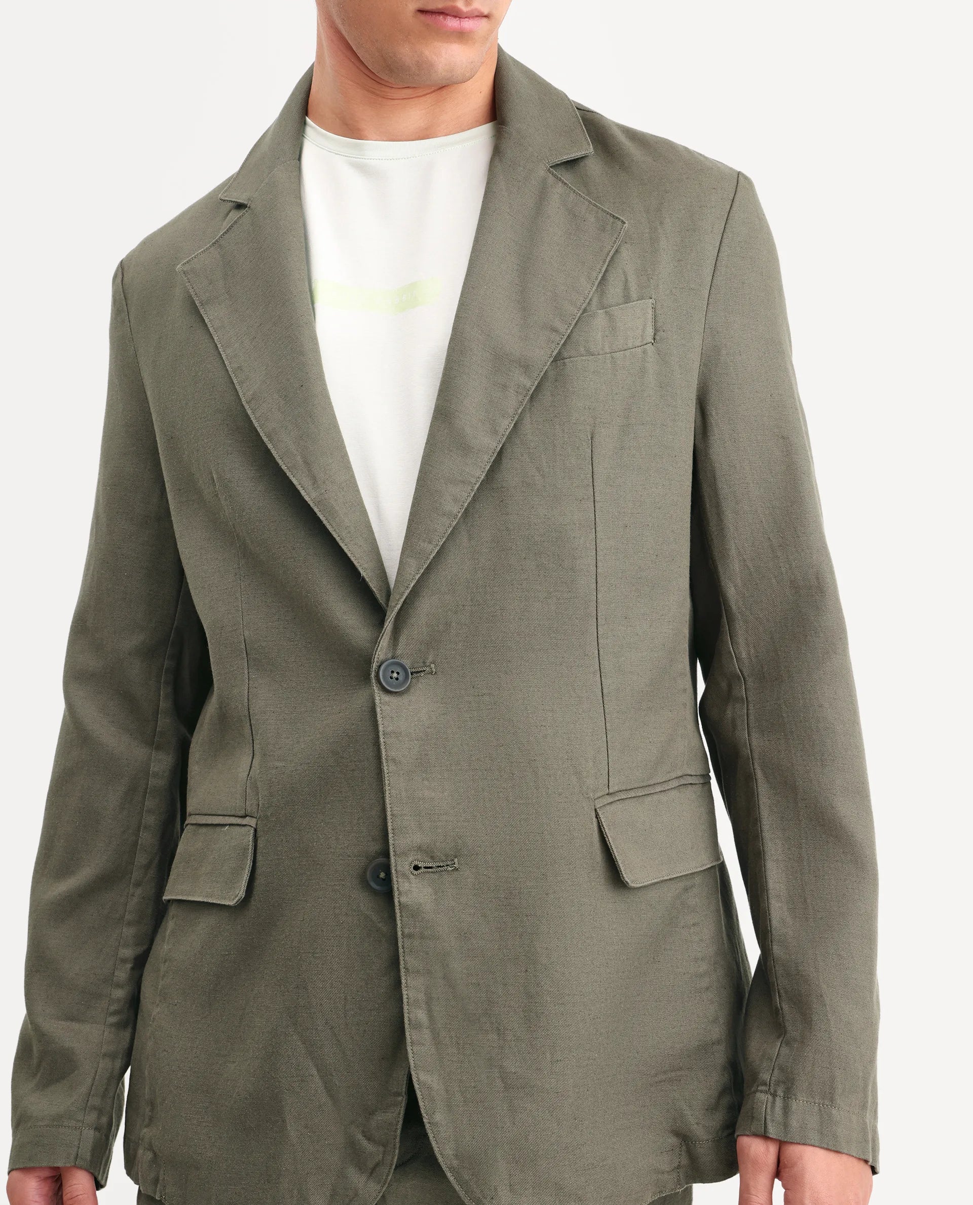 Rare Rabbit Men's Linol Dusky Olive Linen Blend Fabric Lapel Neck Tailored Fit Plain Blazer