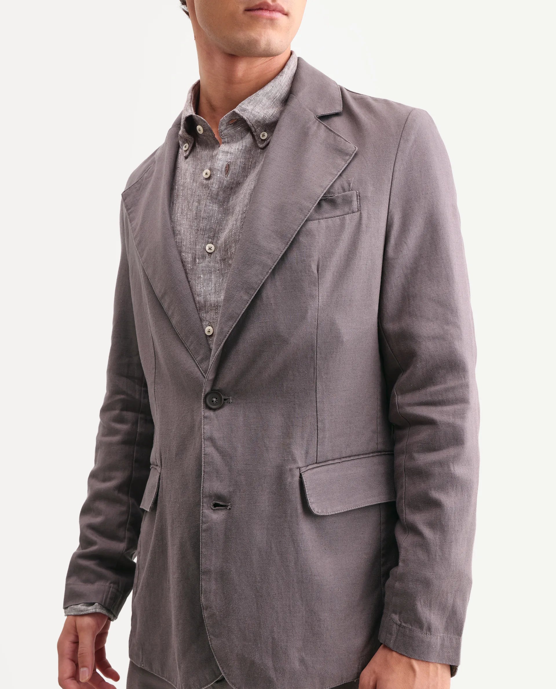 Rare Rabbit Men's Linol Grey Linen Blend Fabric Lapel Neck Tailored Fit Plain Blazer
