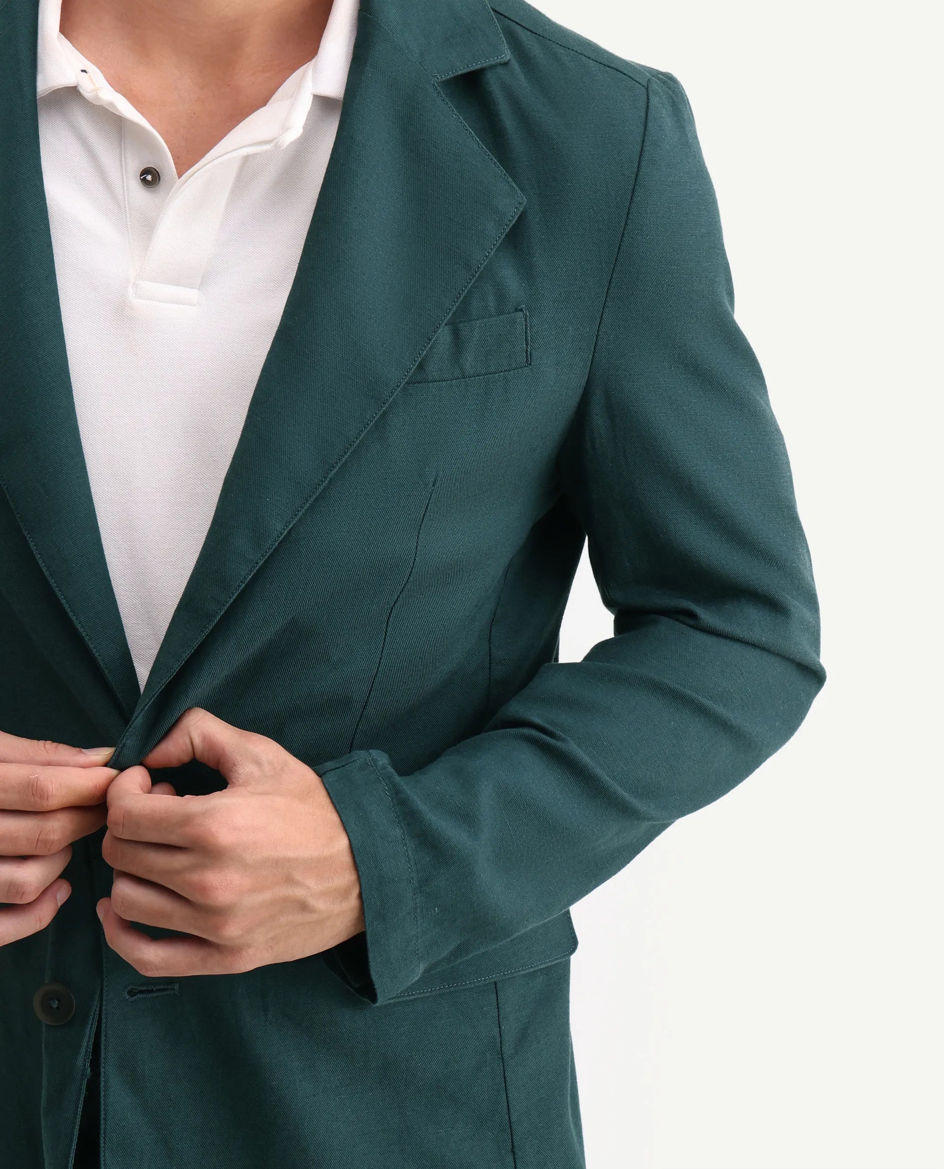 Rare Rabbit Men's Linol Dark Green Linen Blend Fabric Lapel Neck Tailored Fit Plain Blazer