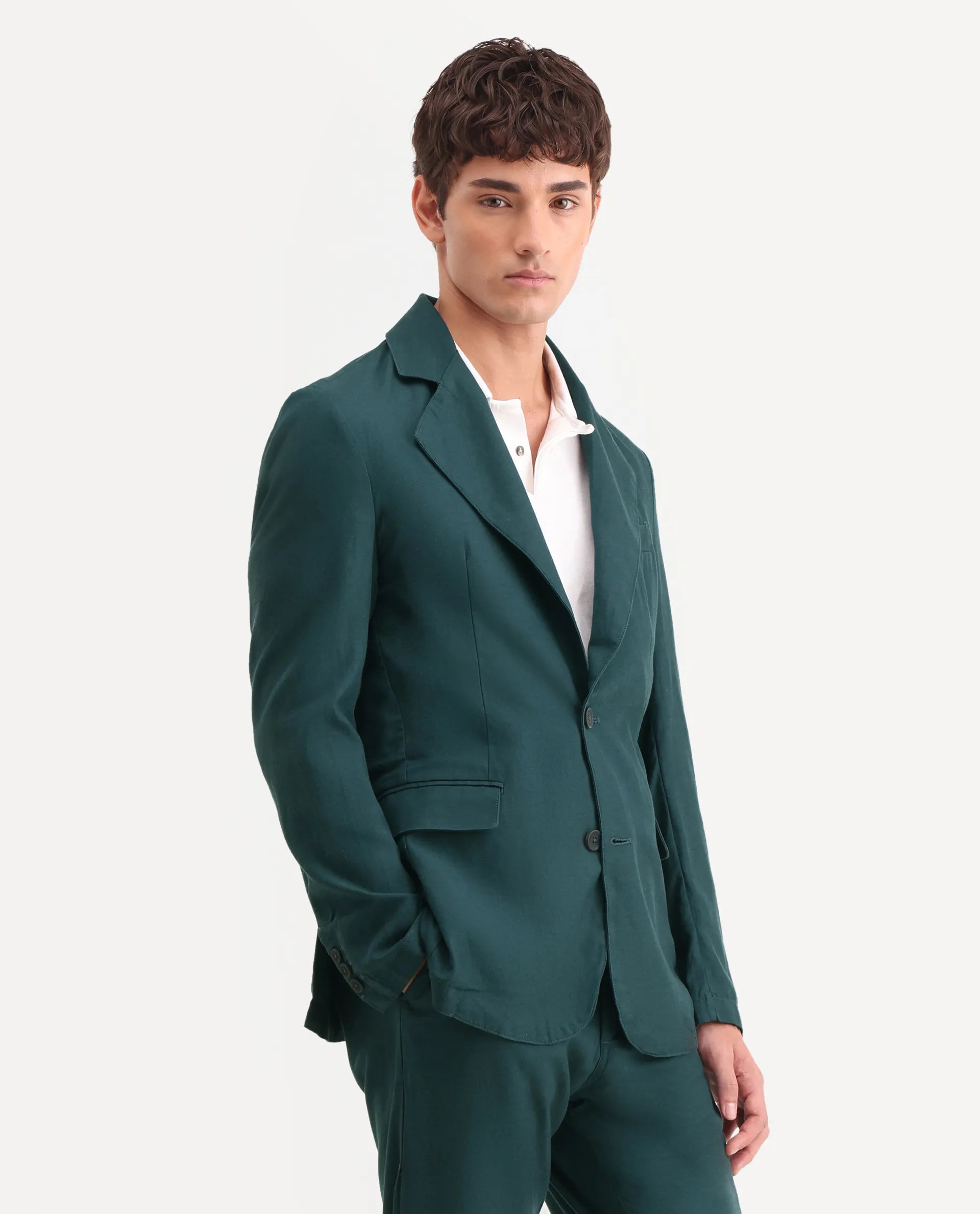 Rare Rabbit Men's Linol Dark Green Linen Blend Fabric Lapel Neck Tailored Fit Plain Blazer