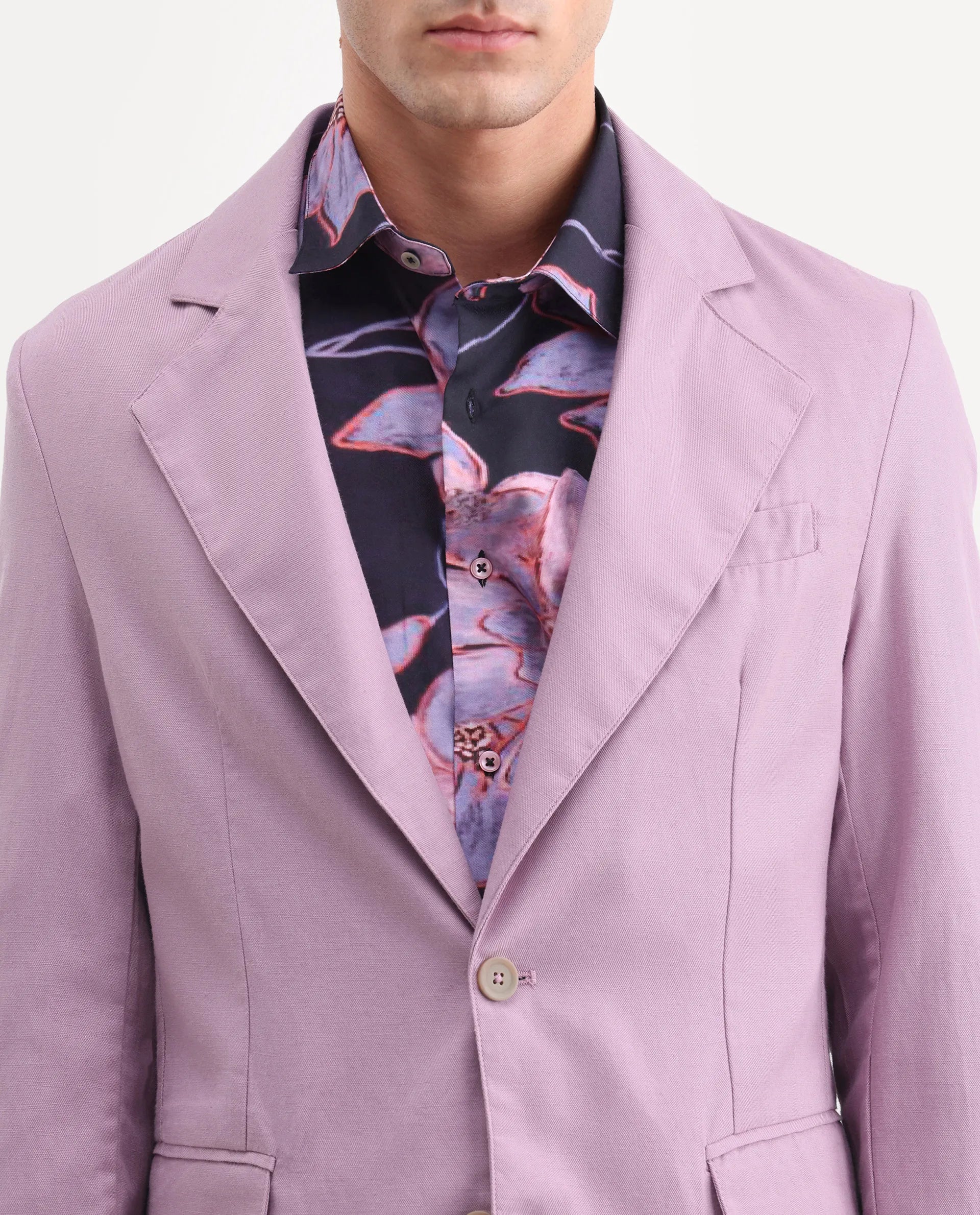 Rare Rabbit Men's Linol Dusky Pink Linen Blend Fabric Lapel Neck Tailored Fit Plain Blazer