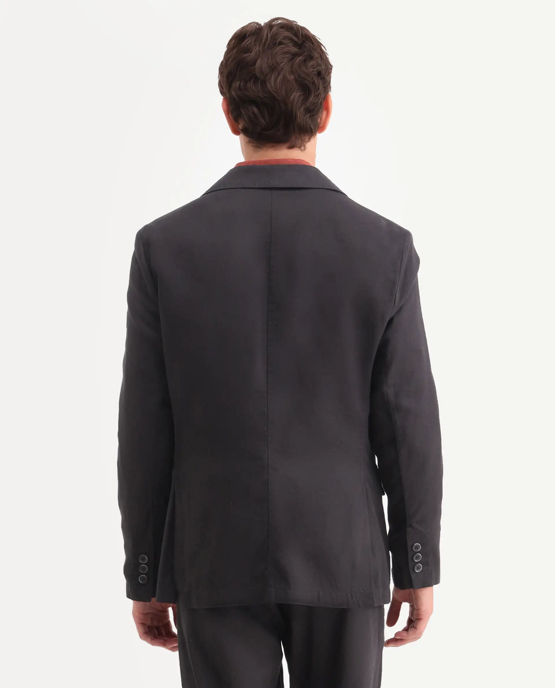 Rare Rabbit Men's Linol Black Linen Blend Fabric Lapel Neck Tailored Fit Plain Blazer