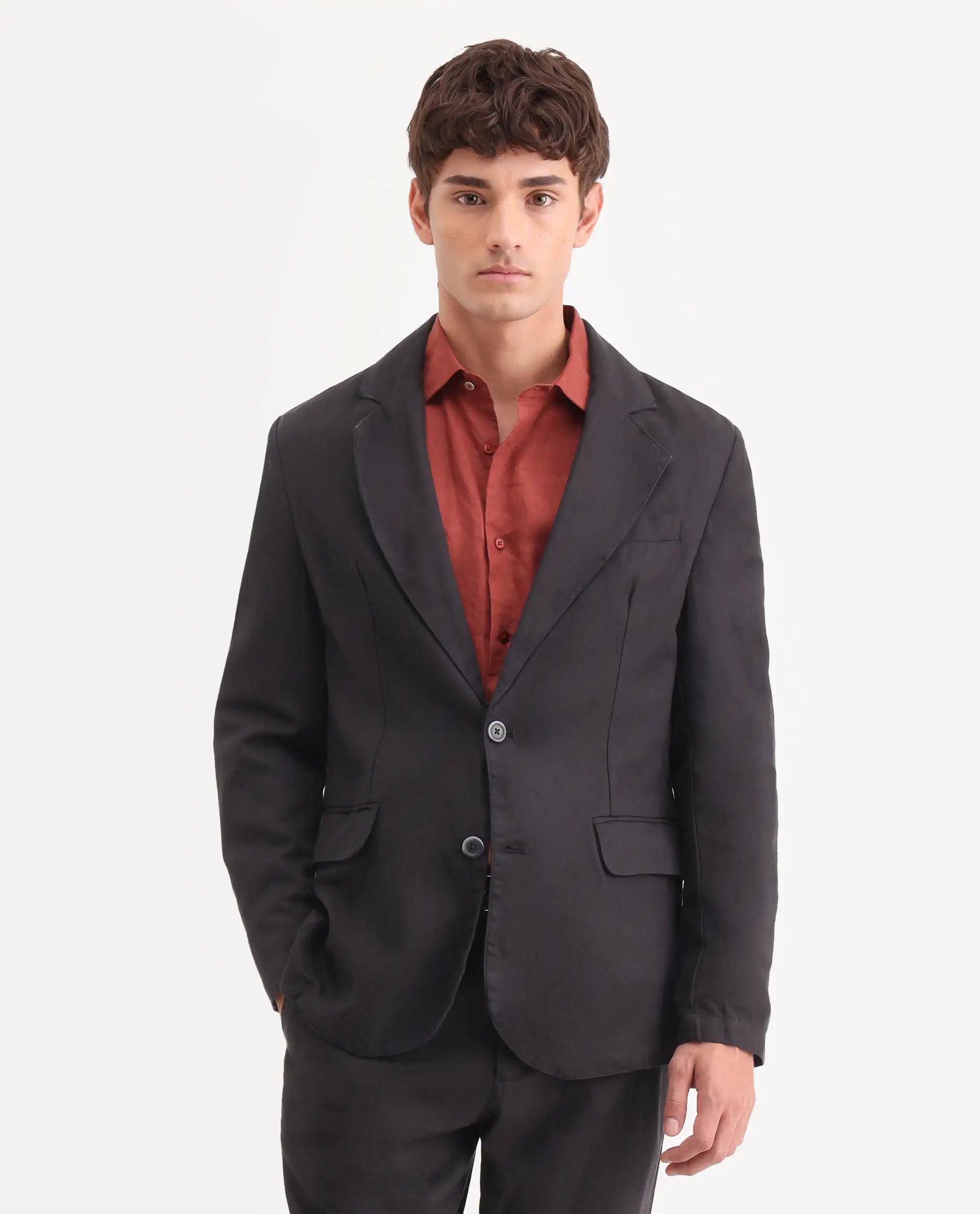 Rare Rabbit Men's Linol Black Linen Blend Fabric Lapel Neck Tailored Fit Plain Blazer
