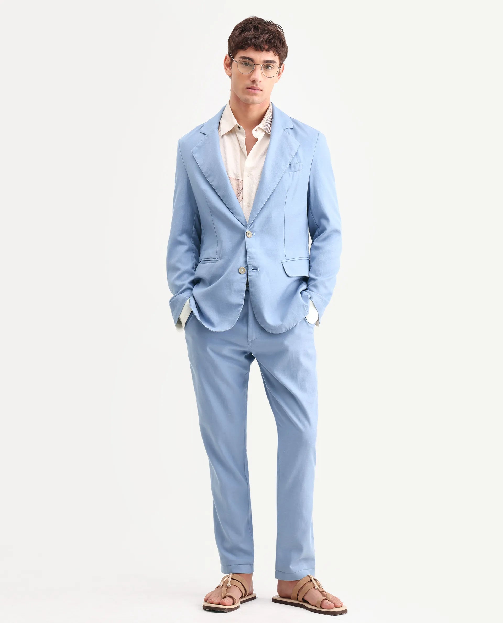 Rare Rabbit Men's Linol Light Blue Linen Blend Fabric Lapel Neck Tailored Fit Plain Blazer