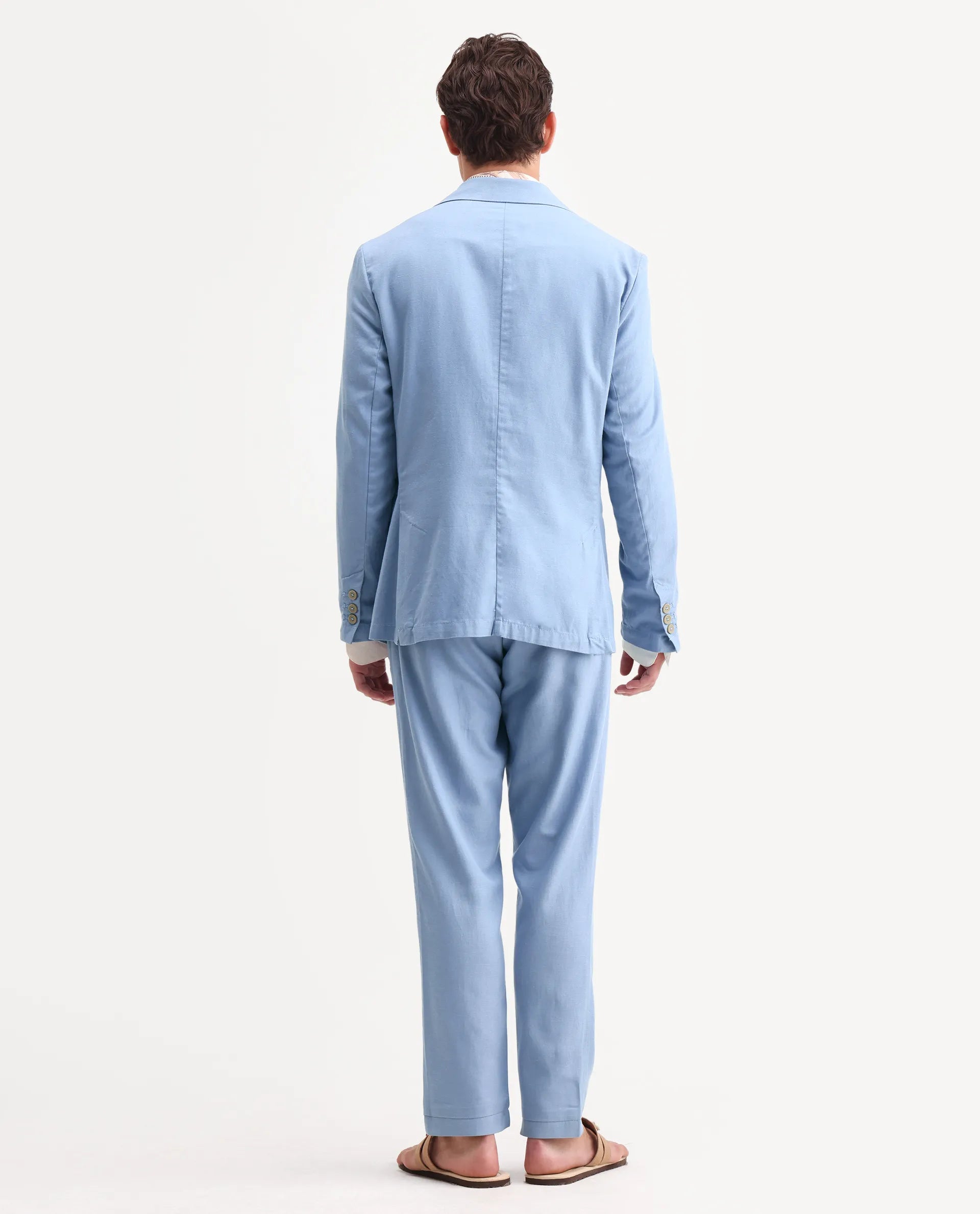 Rare Rabbit Men's Linol Light Blue Linen Blend Fabric Lapel Neck Tailored Fit Plain Blazer