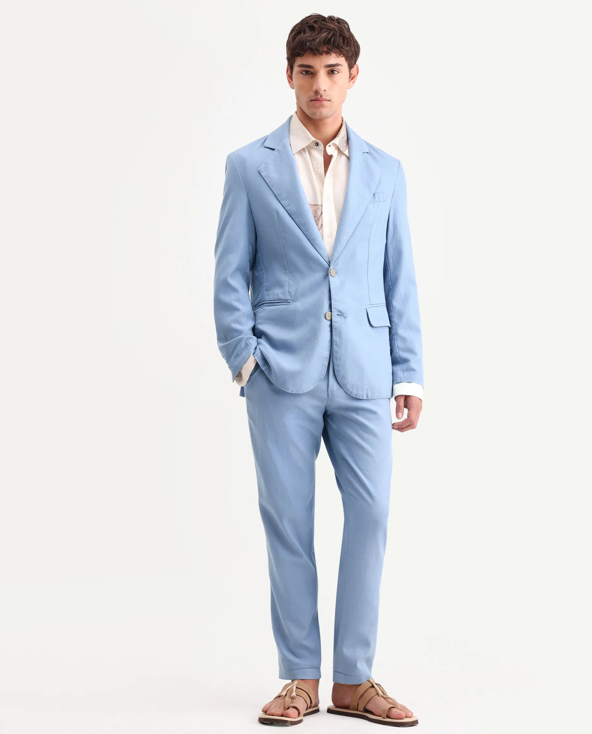 Rare Rabbit Men's Linol Light Blue Linen Blend Fabric Lapel Neck Tailored Fit Plain Blazer
