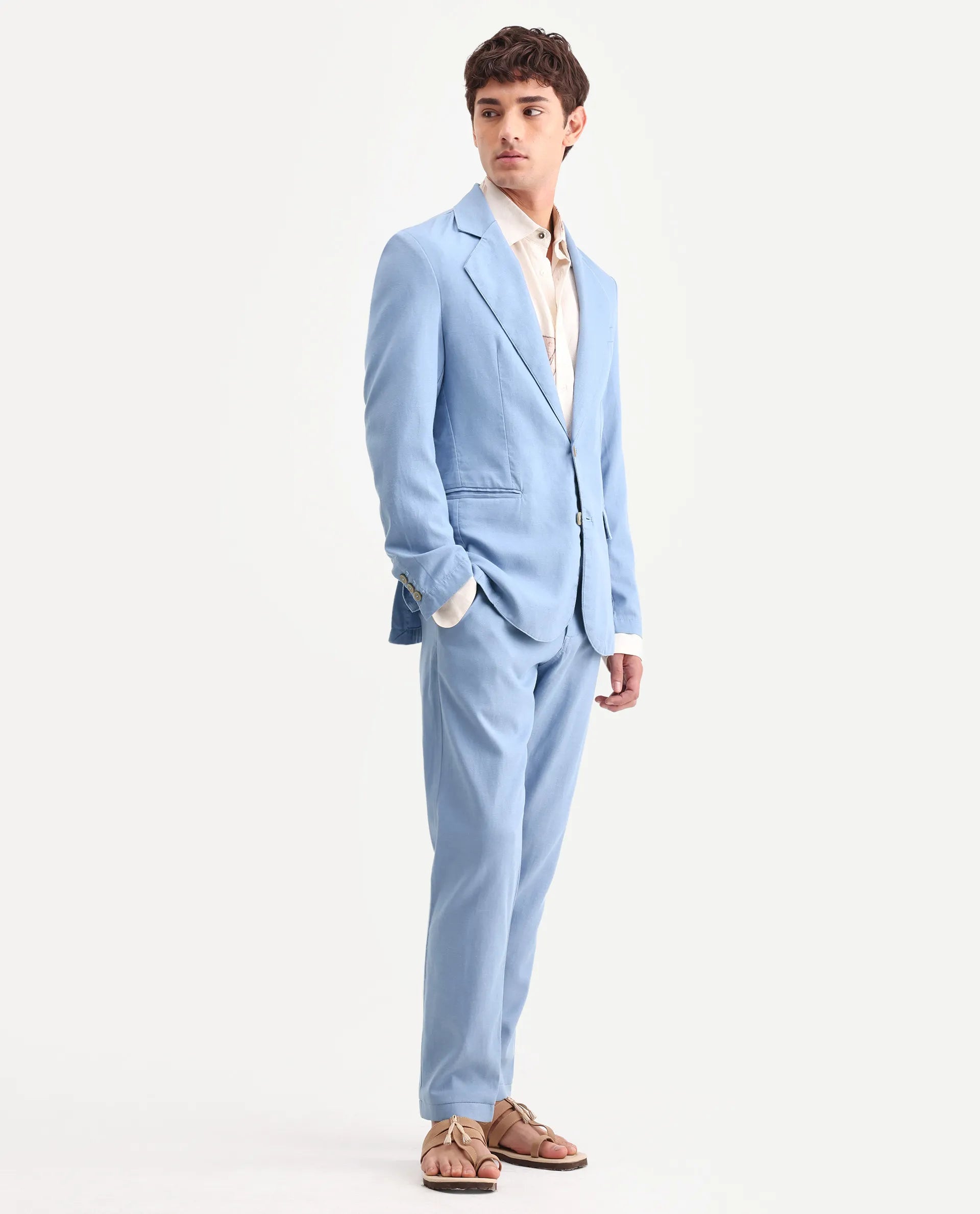 Rare Rabbit Men's Linol Light Blue Linen Blend Fabric Lapel Neck Tailored Fit Plain Blazer