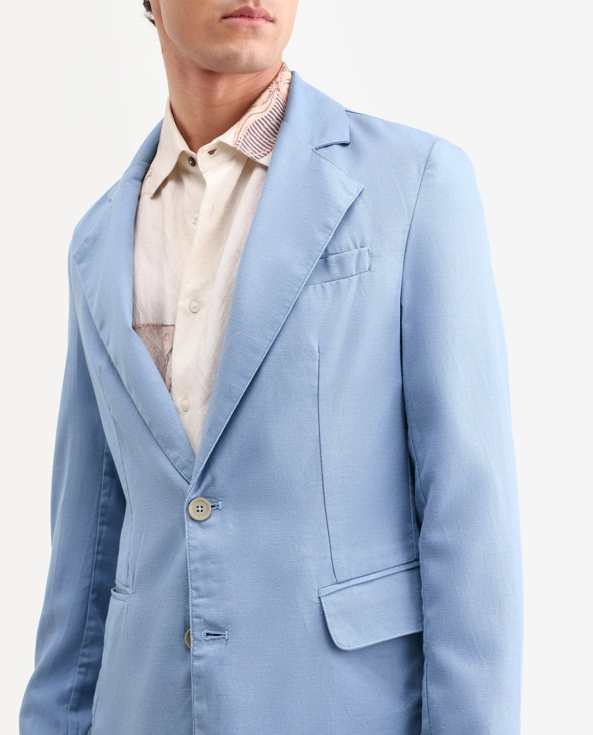 Rare Rabbit Men's Linol Light Blue Linen Blend Fabric Lapel Neck Tailored Fit Plain Blazer