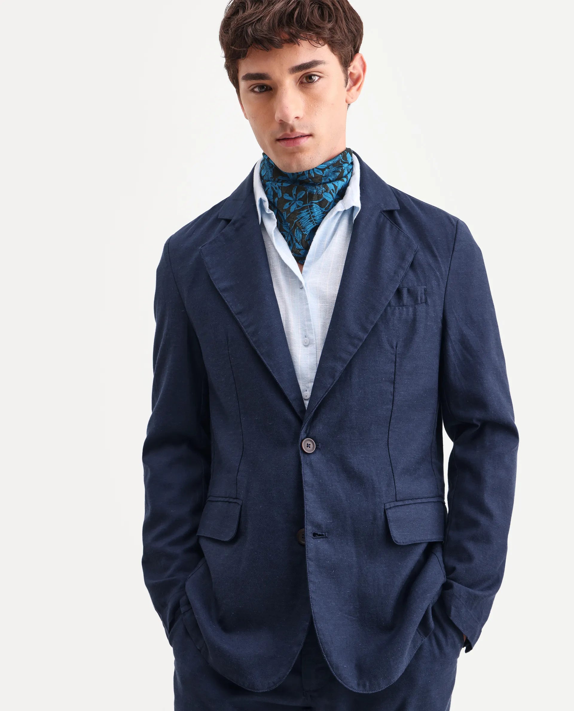 Rare Rabbit Men's Linol Navy Linen Blend Fabric Lapel Neck Tailored Fit Plain Blazer