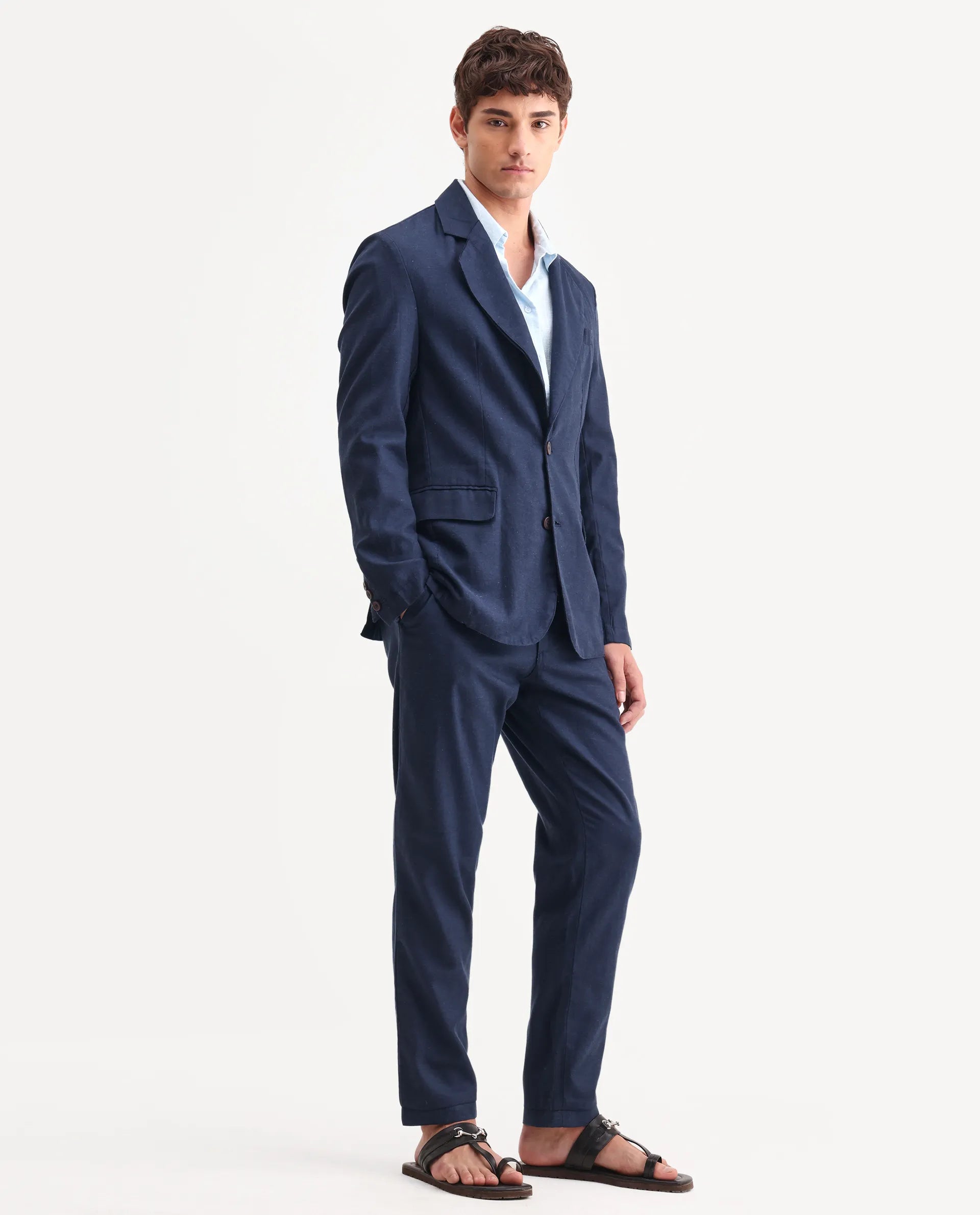 Rare Rabbit Men's Linol Navy Linen Blend Fabric Lapel Neck Tailored Fit Plain Blazer