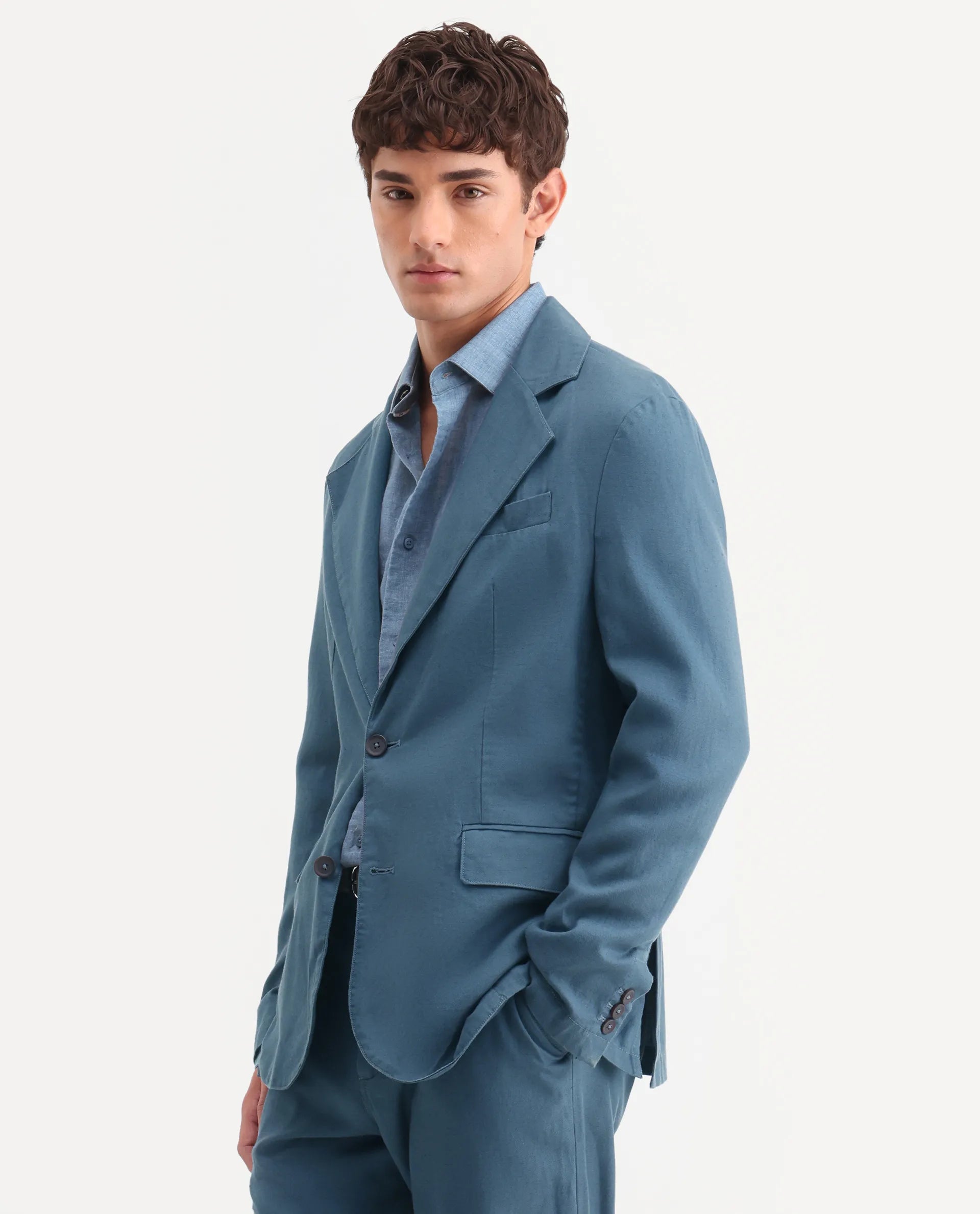Rare Rabbit Men's Linol Dusky Petrol Linen Blend Fabric Lapel Neck Tailored Fit Plain Blazer