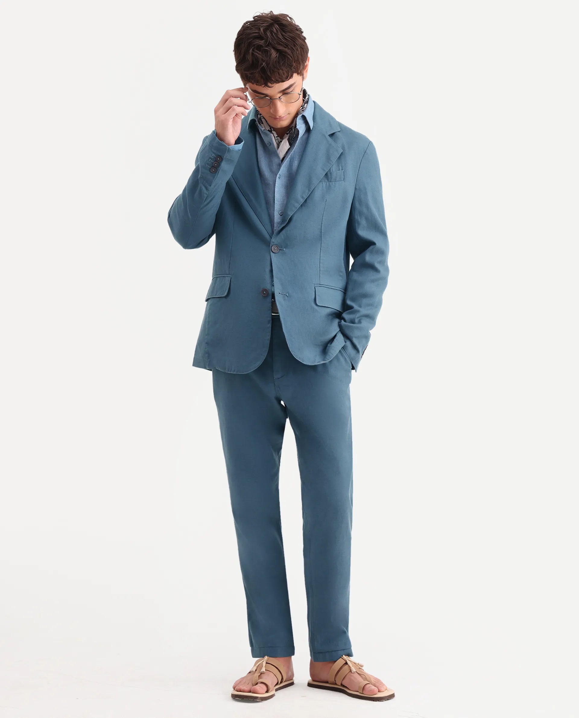 Rare Rabbit Men's Linol Dusky Petrol Linen Blend Fabric Lapel Neck Tailored Fit Plain Blazer