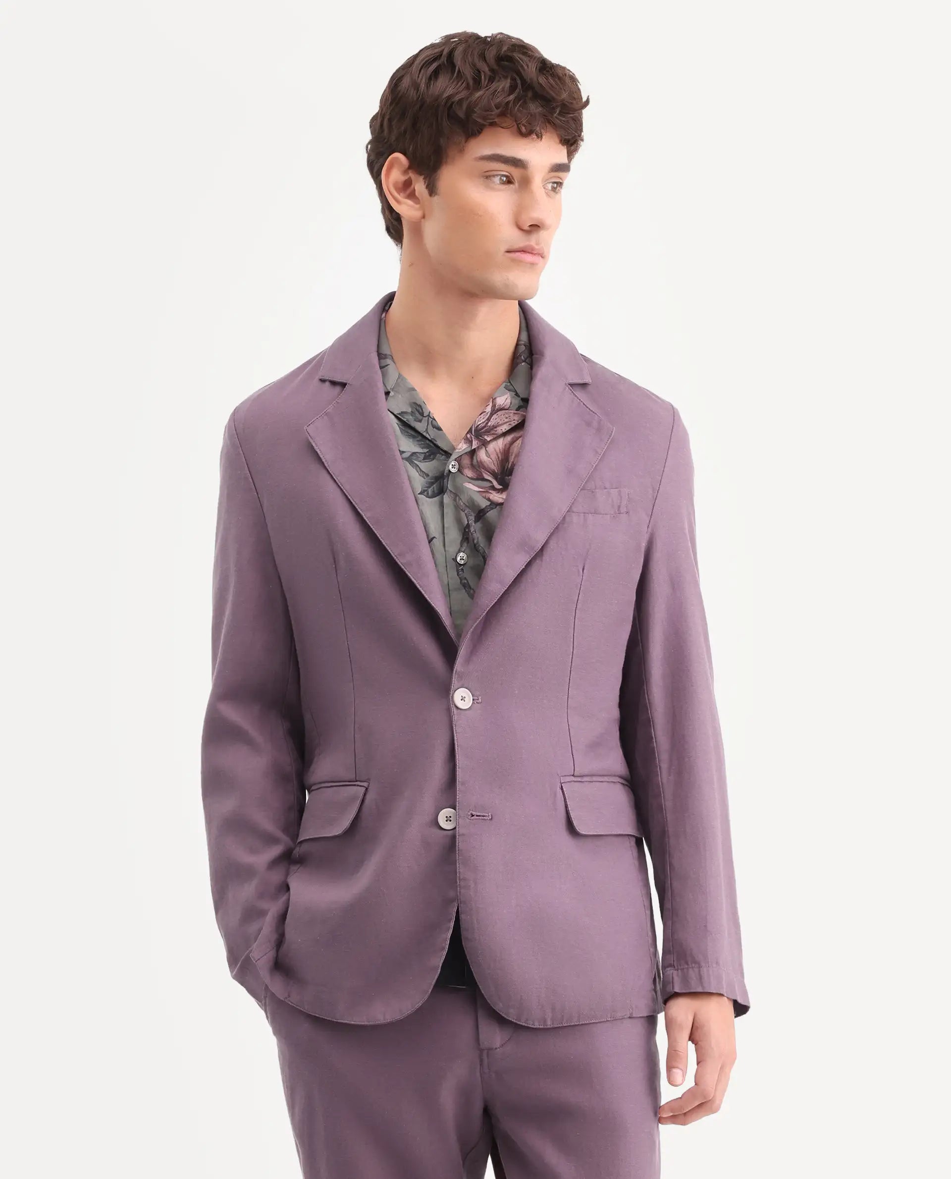 Rare Rabbit Men's Linol Purple Lyocell Blend Fabric Collared Neck Tailored Fit Blazer