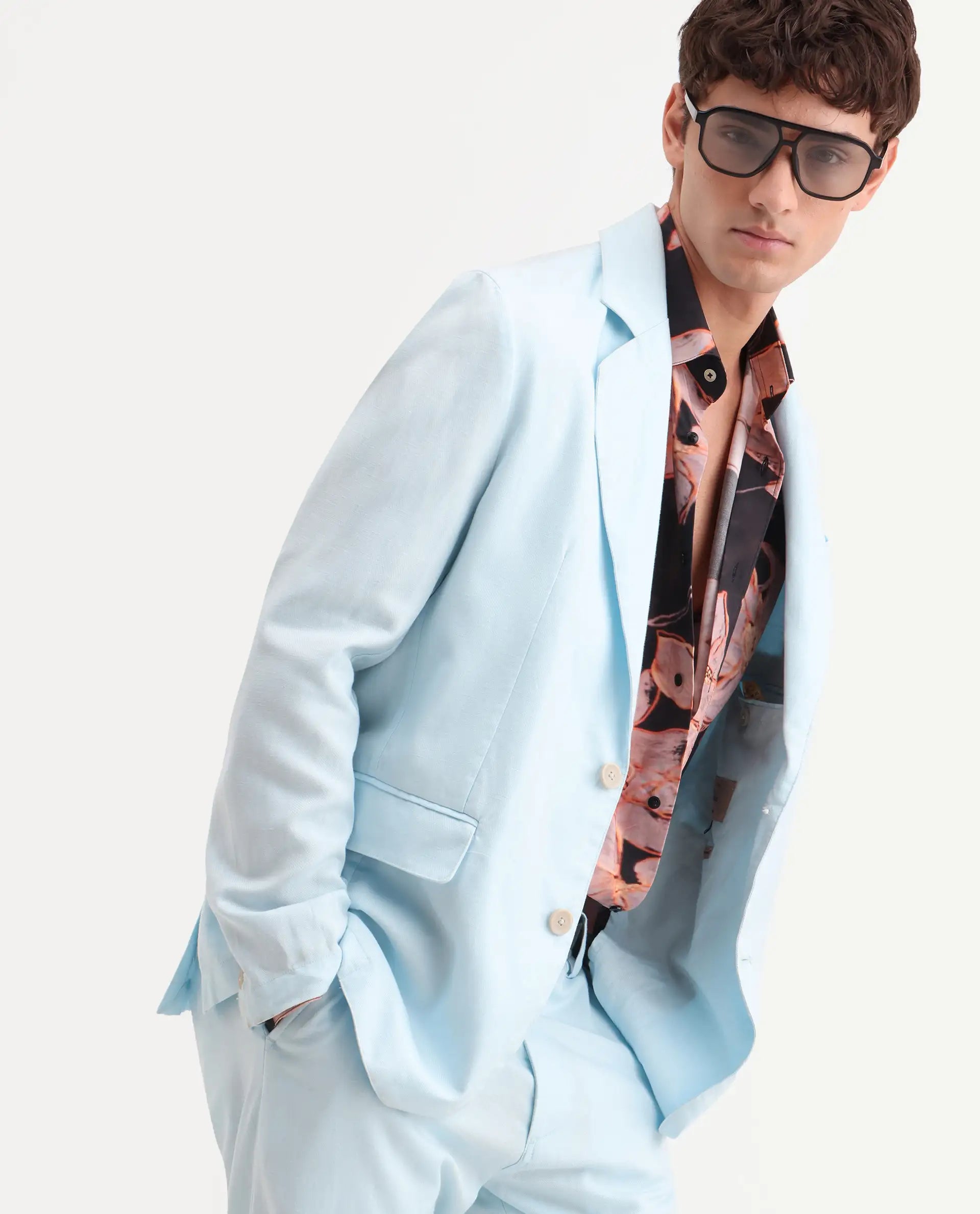 Rare Rabbit Men's Linol Aqua Lyocell Blend Fabric Collared Neck Tailored Fit Blazer