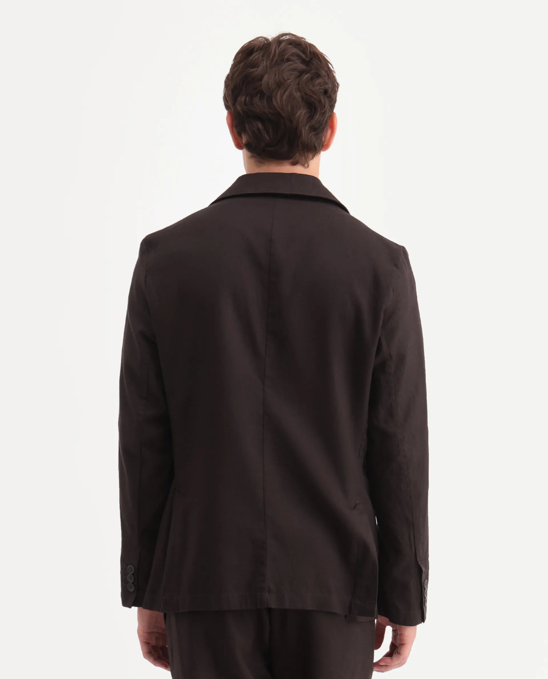 Rare Rabbit Men's Linol Dark Brown Linen Blend Fabric Lapel Neck Tailored Fit Plain Blazer