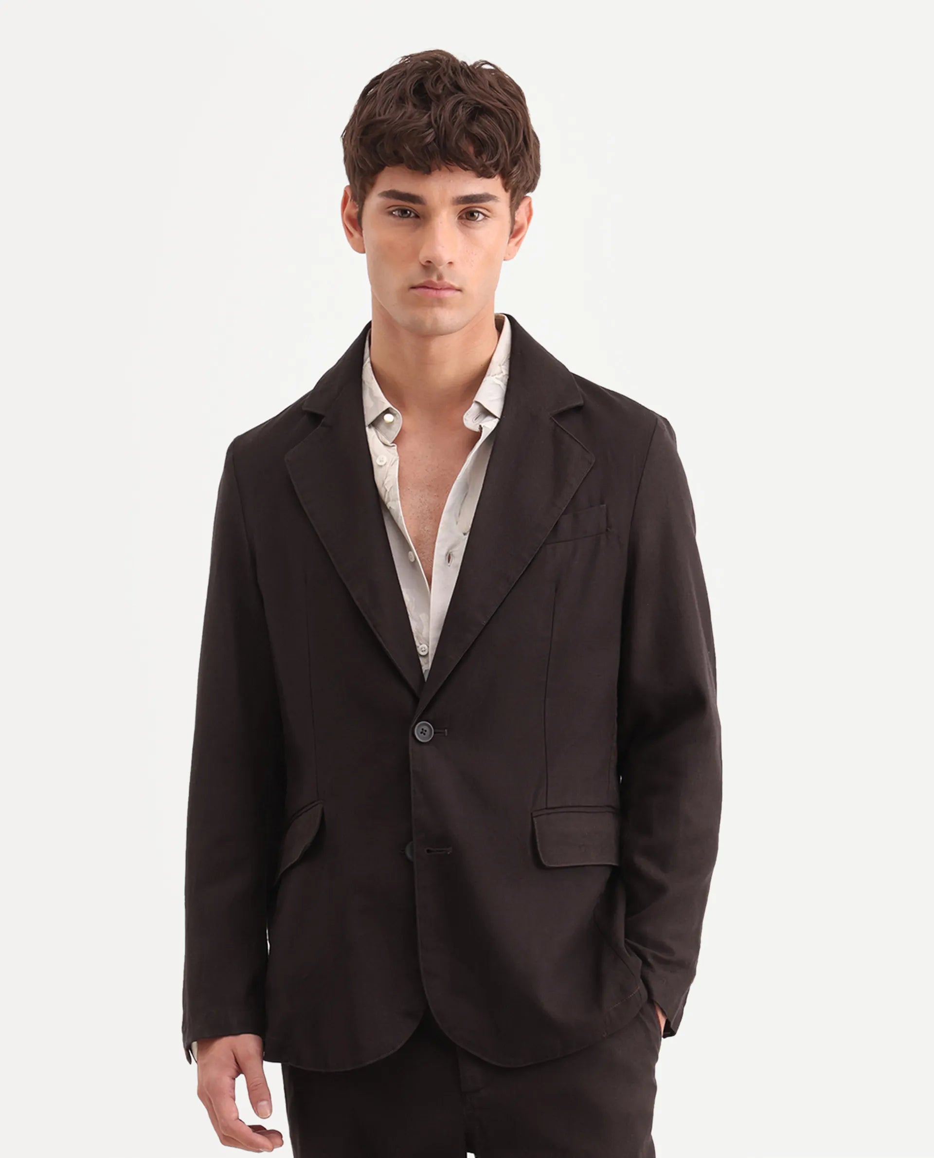 Rare Rabbit Men's Linol Dark Brown Linen Blend Fabric Lapel Neck Tailored Fit Plain Blazer