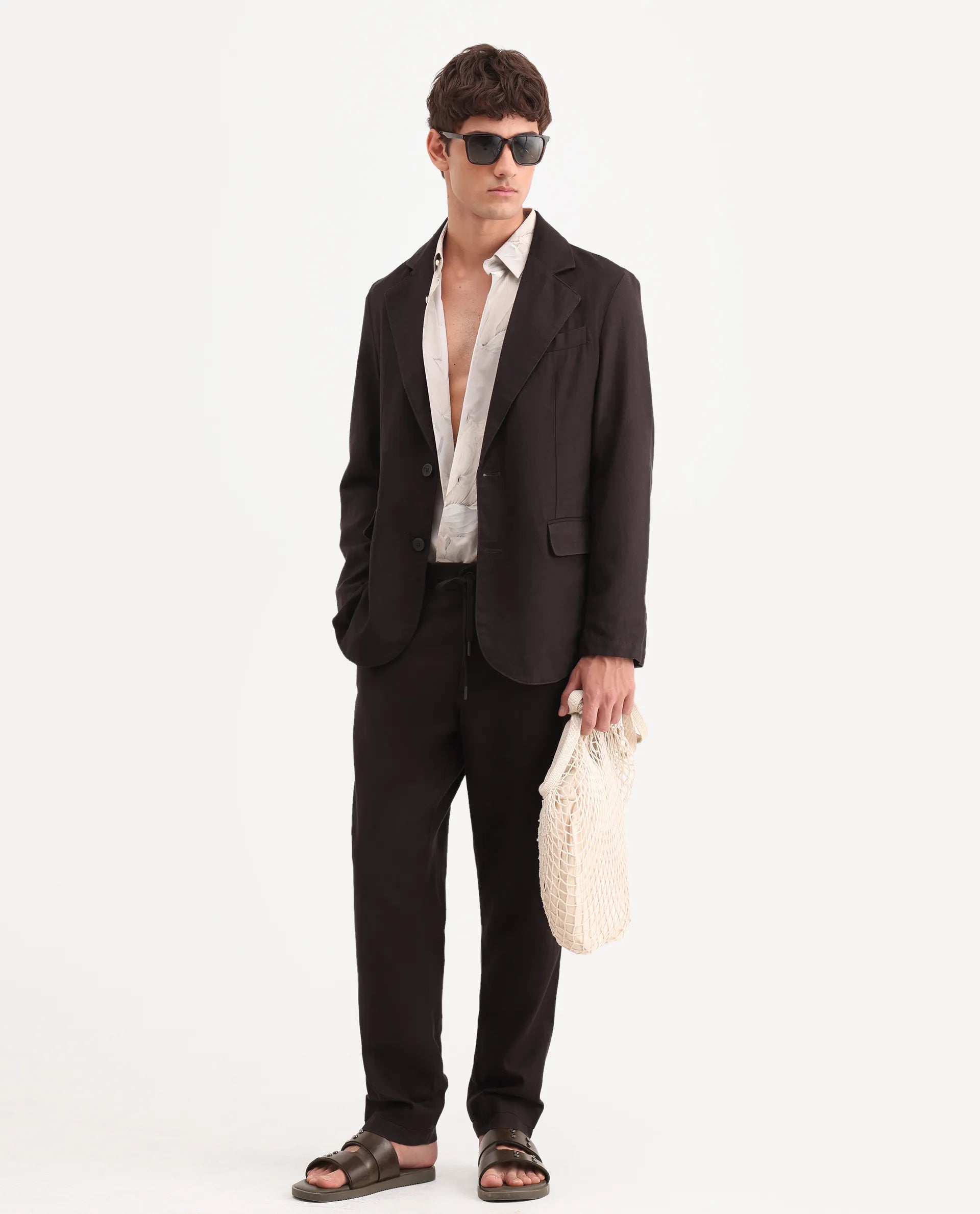 Rare Rabbit Men's Linol Dark Brown Linen Blend Fabric Lapel Neck Tailored Fit Plain Blazer