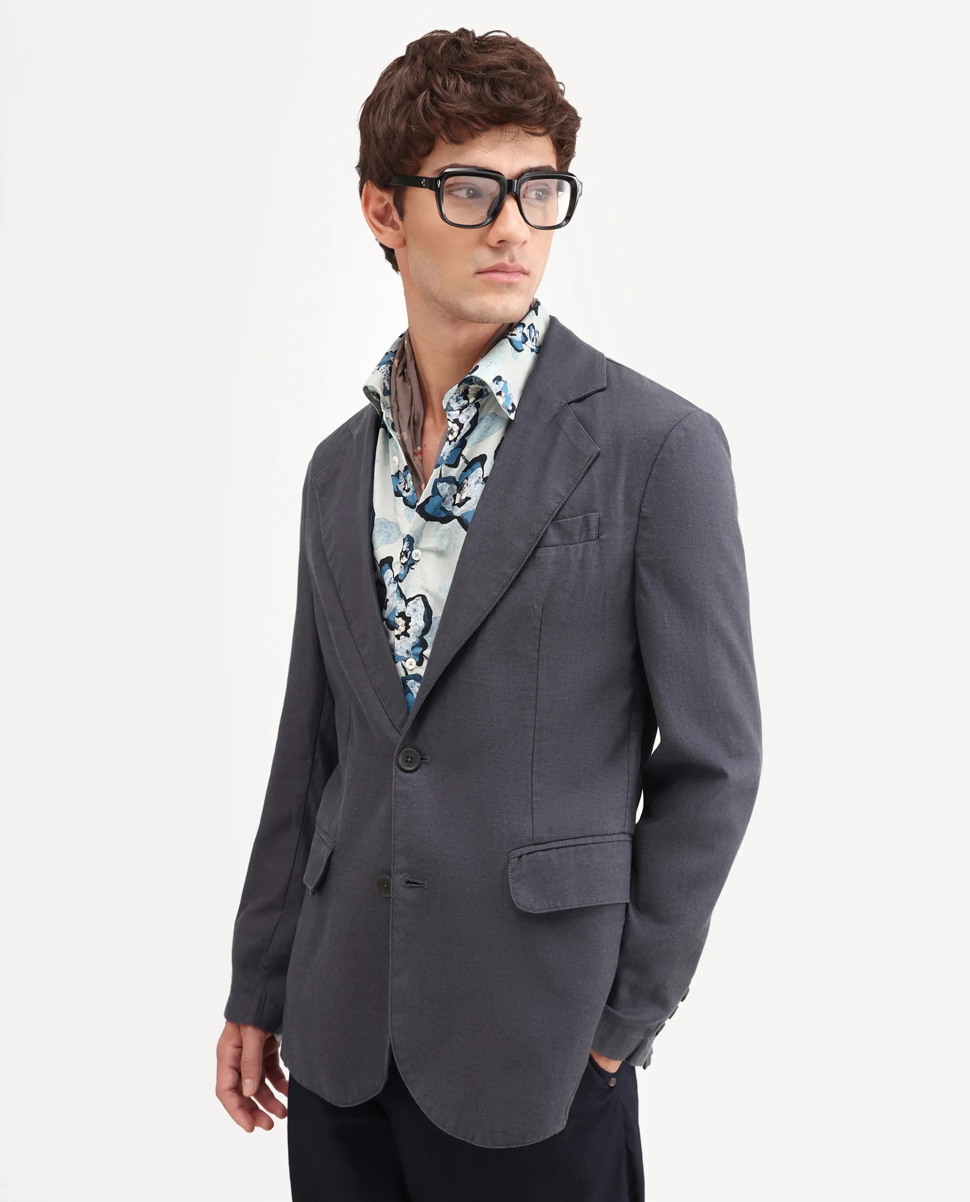 Rare Rabbit Men's Linol Dark Grey Linen Blend Fabric Lapel Neck Tailored Fit Plain Blazer