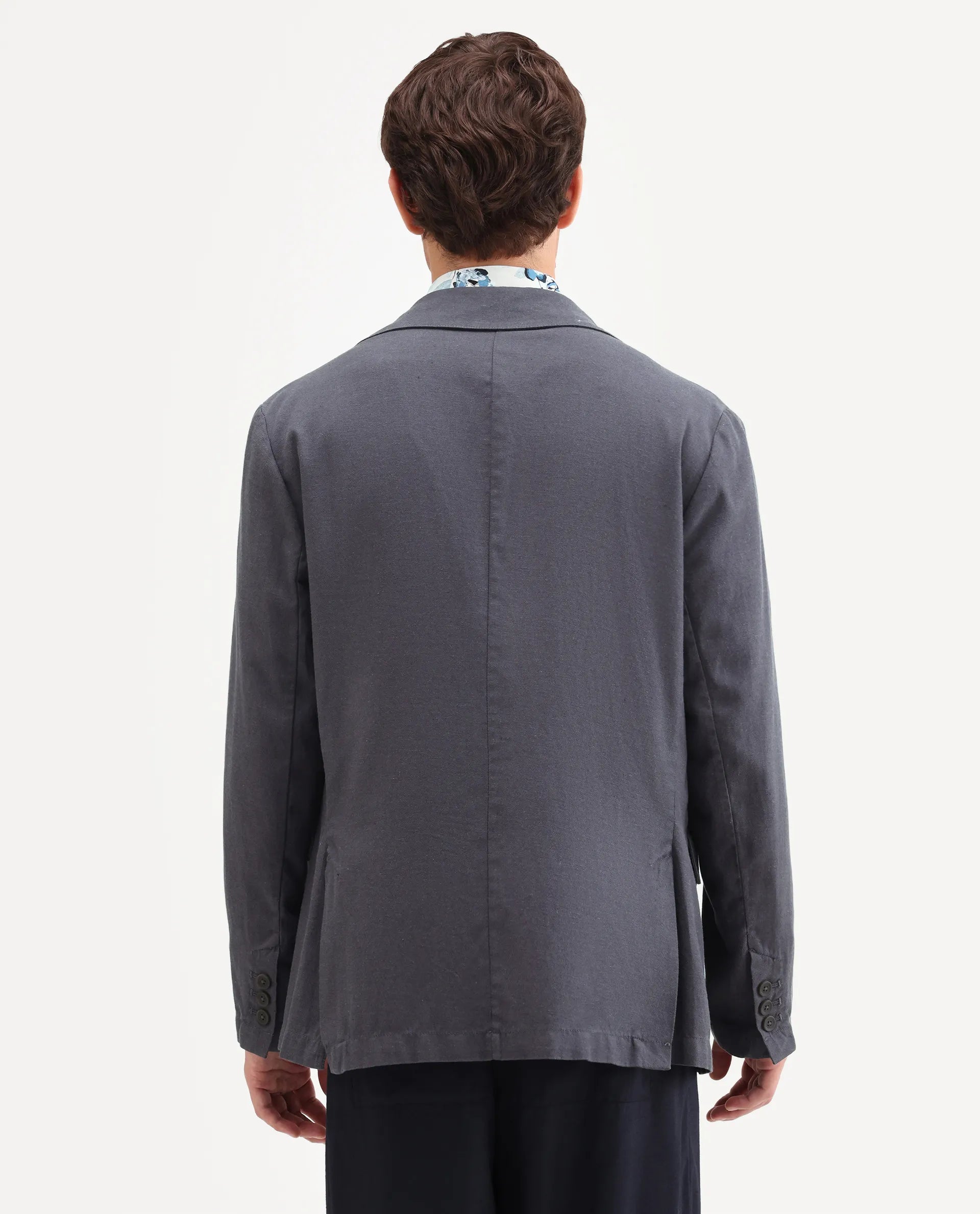 Rare Rabbit Men's Linol Dark Grey Linen Blend Fabric Lapel Neck Tailored Fit Plain Blazer